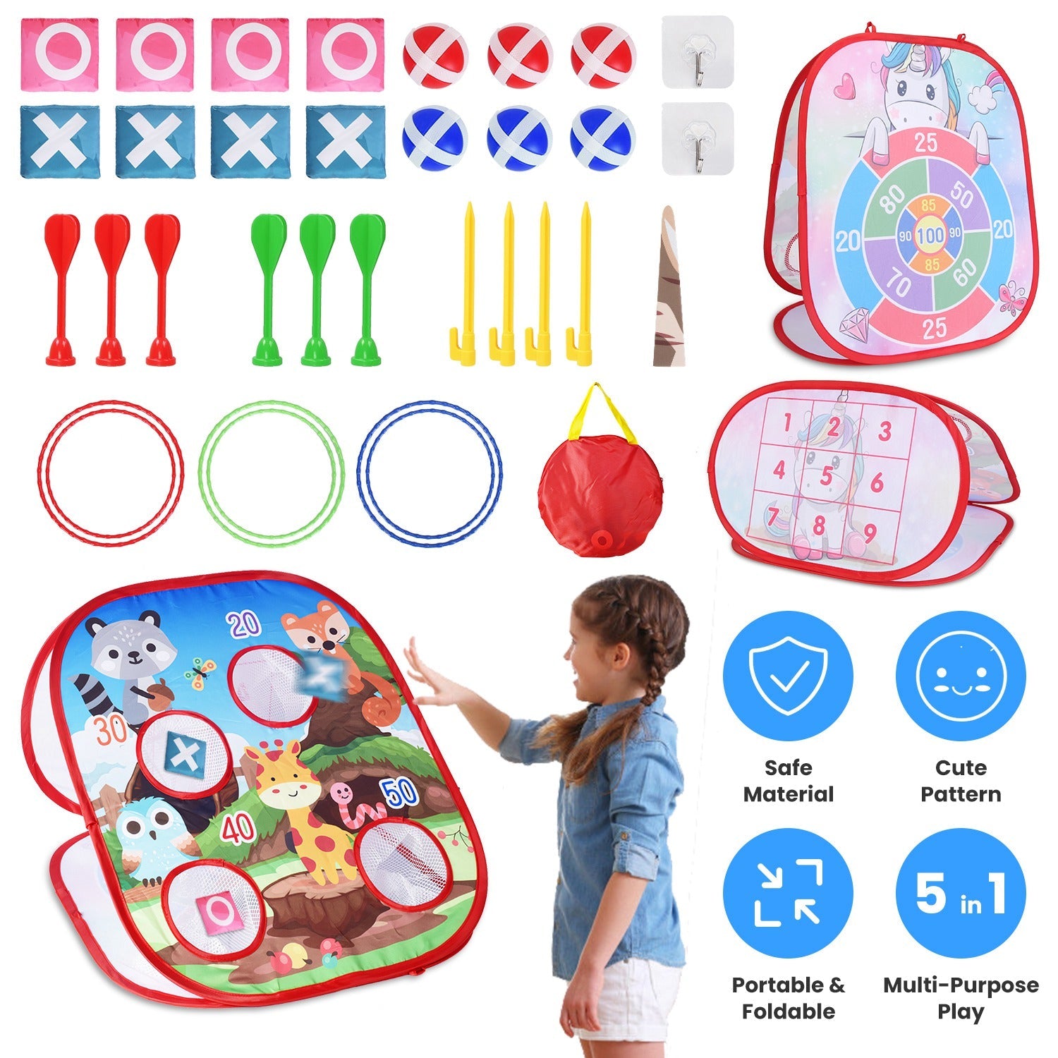 5 in 1 Bean Bag Toss Game Toy Corn Hole Game Beanbag Toss Game Dart Board Game Loop Toss Game Outdoor Activities Party Backyard Games Set for Boys Gir