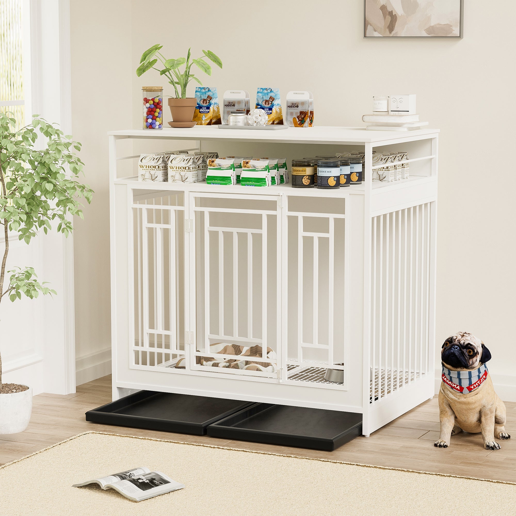 43.3 Inch Wooden Dog Crate Furniture with Divider and Storage, White