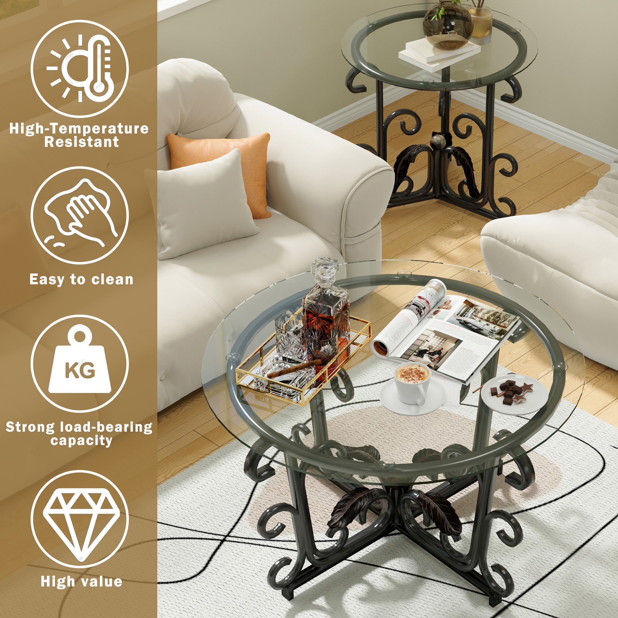 3-Piece Coffee Table Set, Tempered Glass Surface with Sturdy Metal Frame - Modern Living Room Sets (1 Coffee Table + 2 End Tables), Scratch-Resistant & Easy to Clean for Small Spaces, Apartments