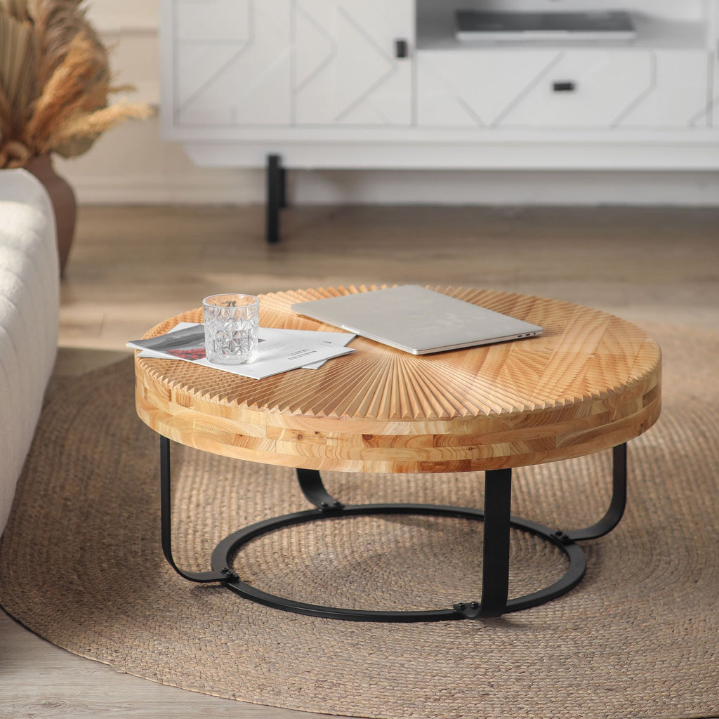 Modern Round Coffee Table Wooden Carving Pattern Coffee Table with Metal Legs for Living Room Reception Room Office ,Black