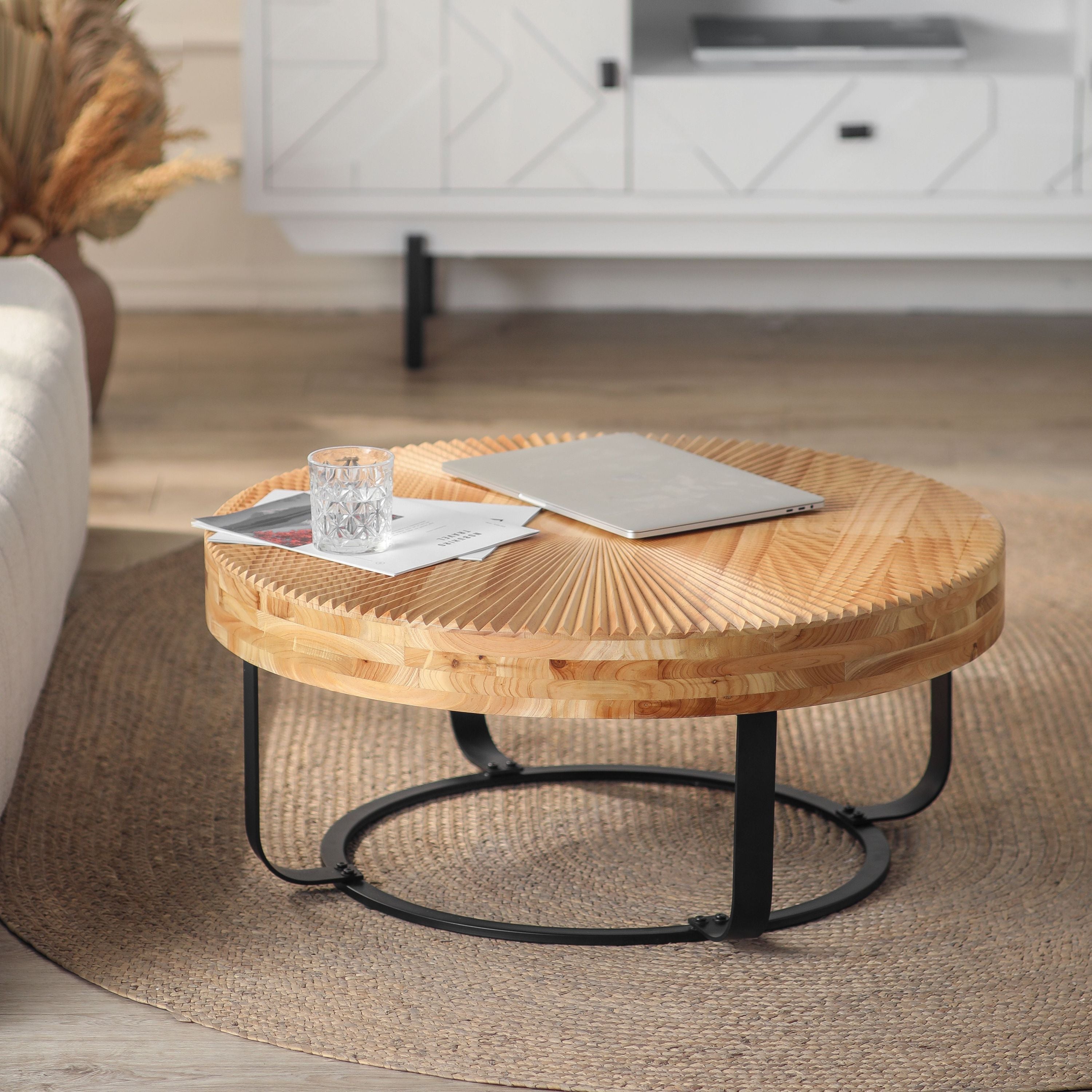 Modern Round Coffee Table Wooden Carving Pattern Coffee Table with Metal Legs for Living Room Reception Room Office ,Black
