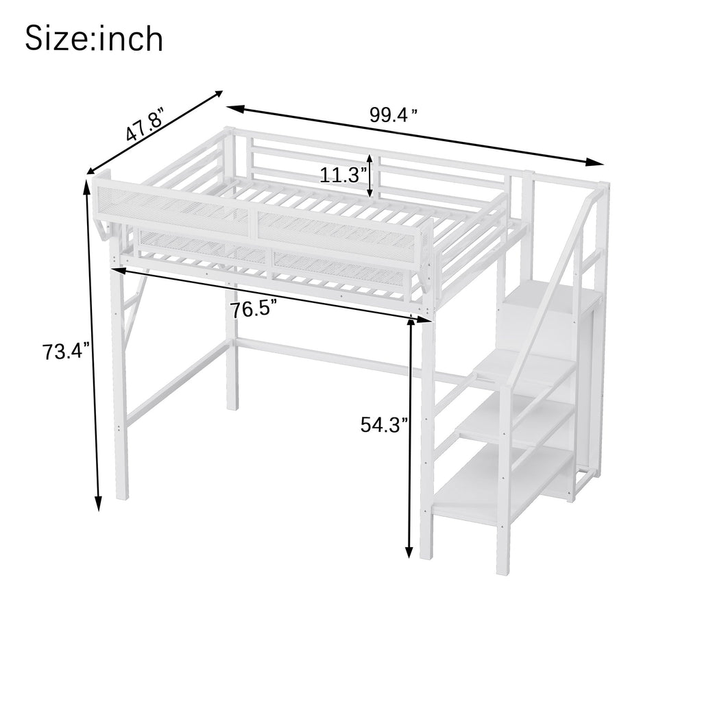 Twin XL Size Loft Bed with Stairs, Metal Full Loft Bed with Storage Shelves, High Loft Bed with Wardrobe for Kids Teens,White(Expect Arrival Date 2025/10/14)