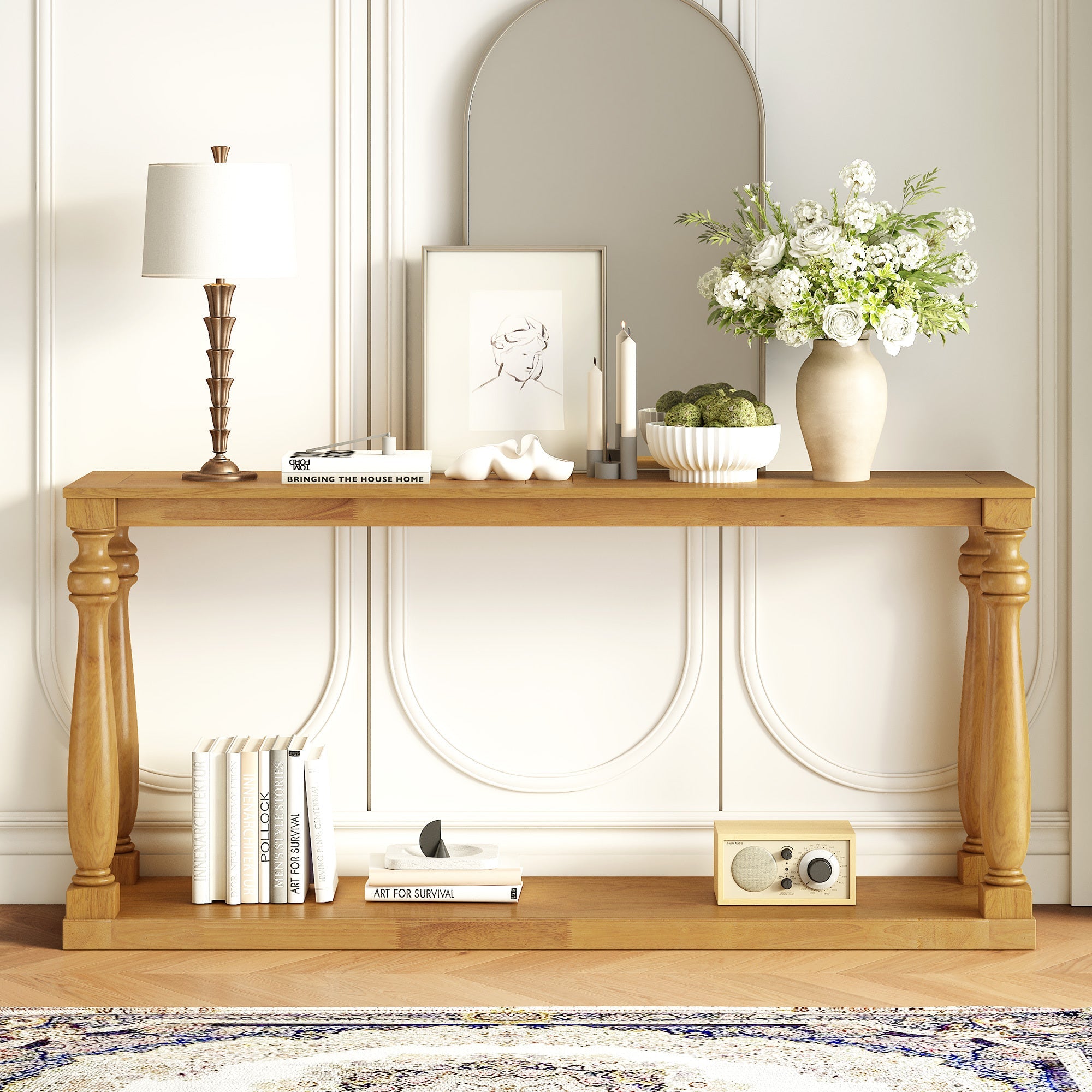 U_STYLE Vintage Wood Grain Console Table with Bottom Shelf and Four Vase Legs, Suitable for Entryway, Hallway, Living Room, Bedroom