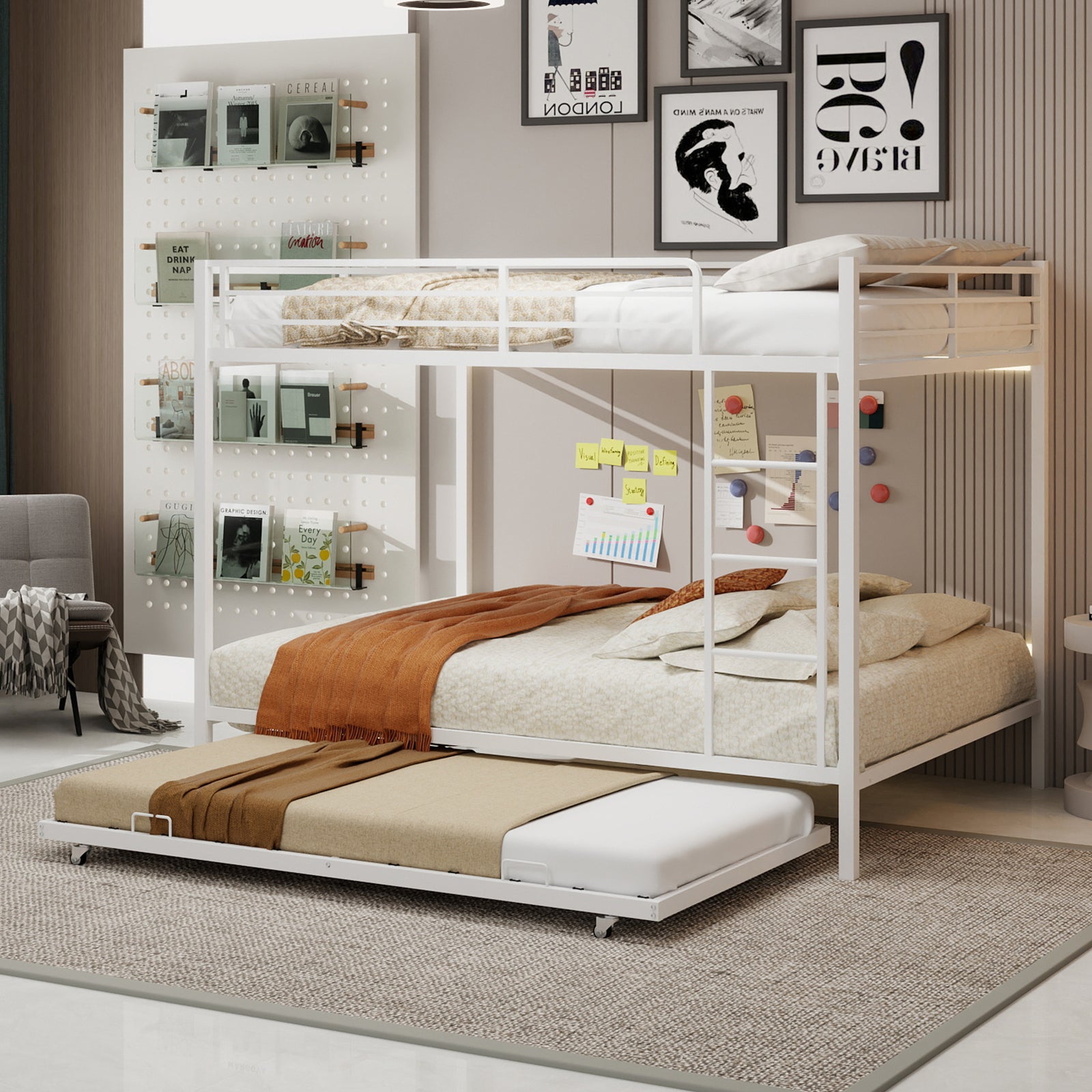 Durable Square Tube Iron Bunk Bed Featuring Safety Rails, Modern Minimalist Look, Ideal for Kids Room, Guest Room or Shared Space, Easy Assembly & Long - Lasting Performance-Queen size: 153cm*203cm