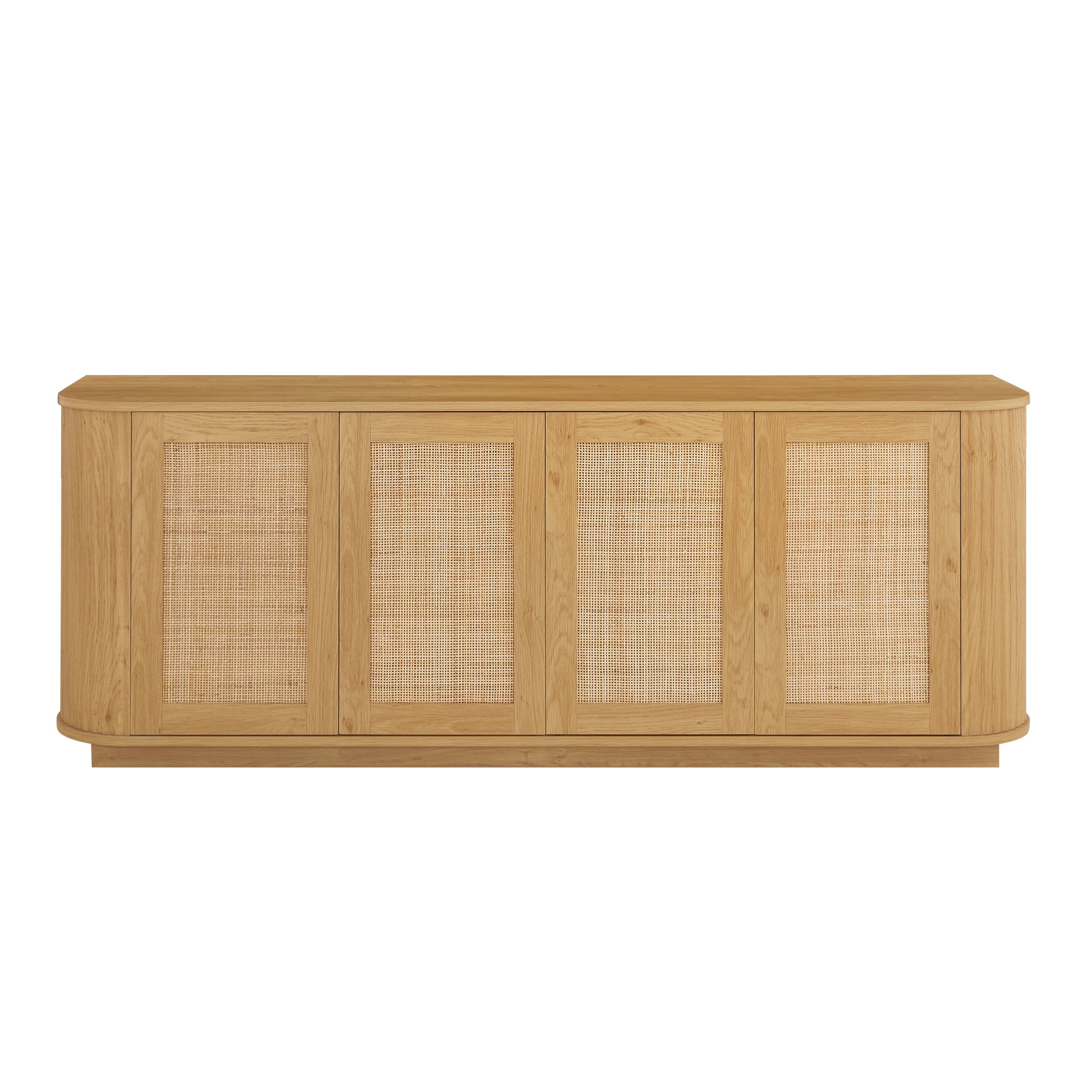 Contemporary Wave-Shaped TV Stand with Rattan Doors, Natural Wood Finish, 64''W x 15''D x 24''H