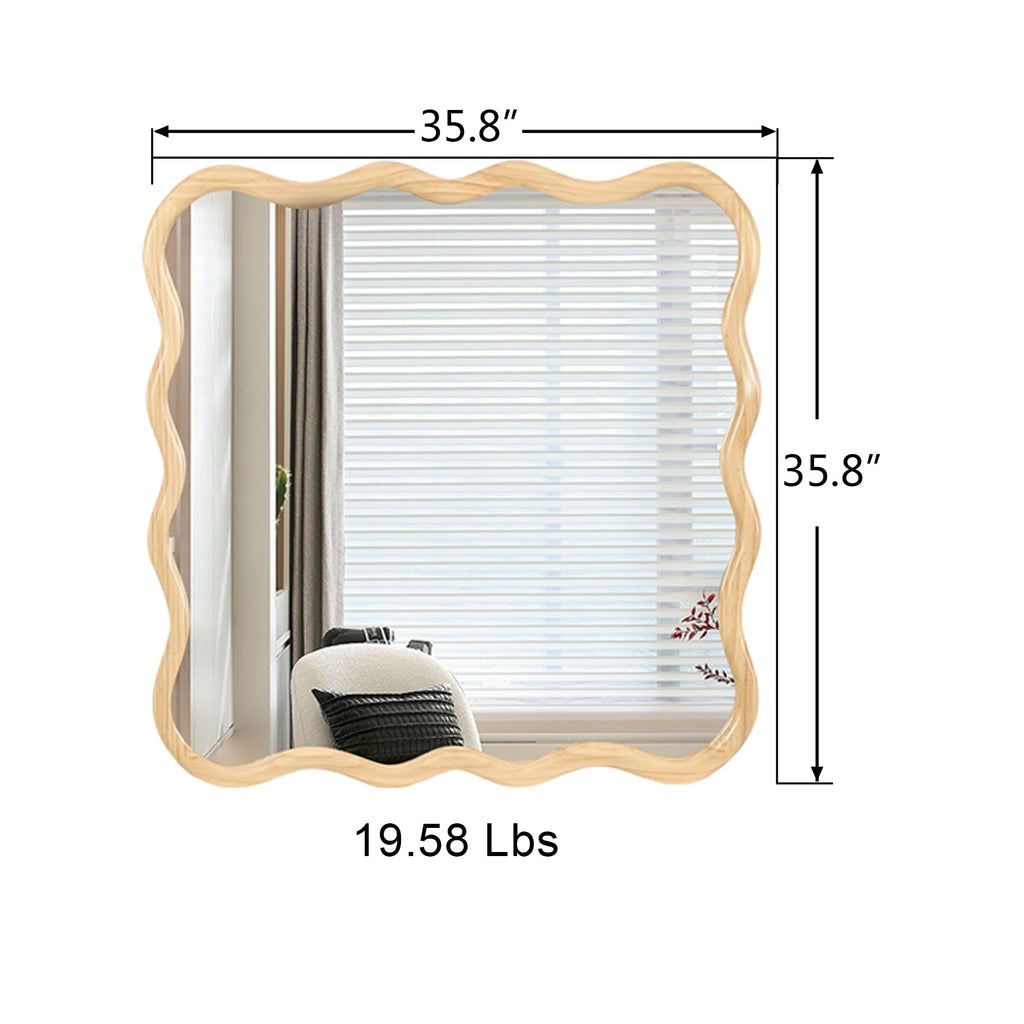 Solid Wood Wavy Square Mirror-Natural Wood 36" x 36" Modern Mirror Wall Decor for Bathroom, Bedroom, Living Room, Dining Room, Cloakroom, Entryway