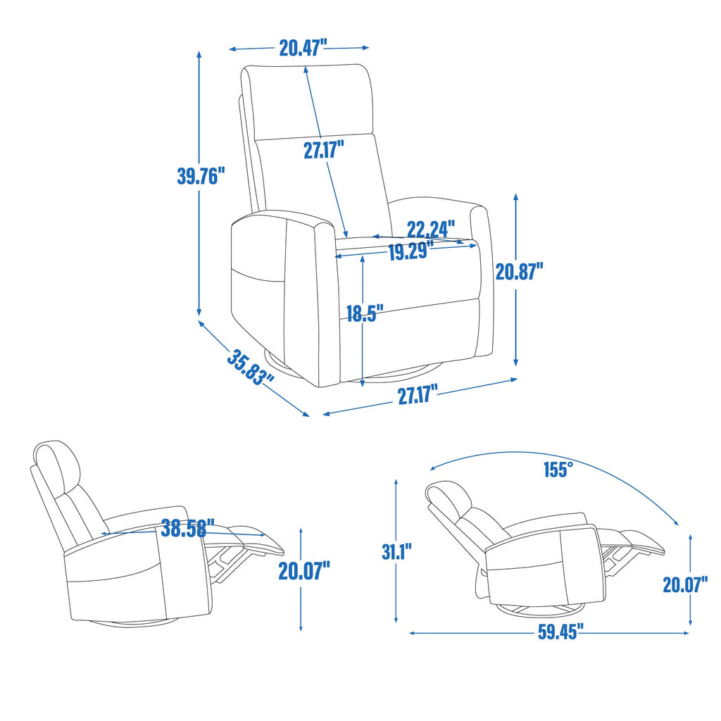 Heat Massage Manual Recliner Chair with Rocker and Swivel in Fabric for Living Room, Grey