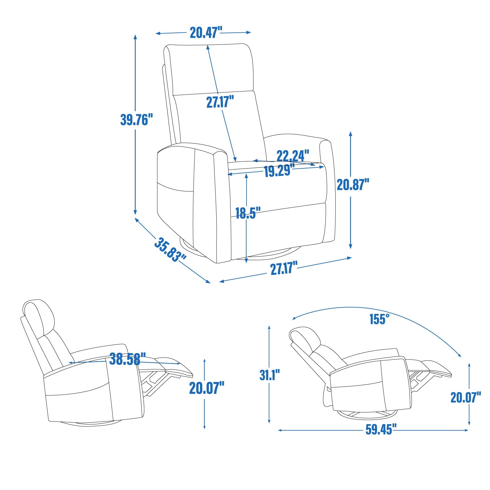 Heat Massage Manual Recliner Chair with Rocker and Swivel in Fabric for Living Room, Grey