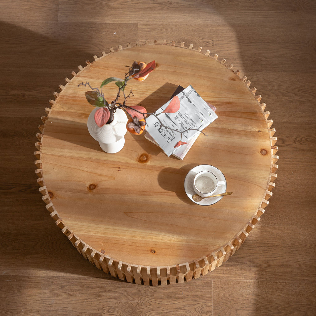 31.5' Retro Fashion Style Cylindrical Coffee Table with Vertical Texture Relief Design,Suitable for Living Room,Office,and Dining Room