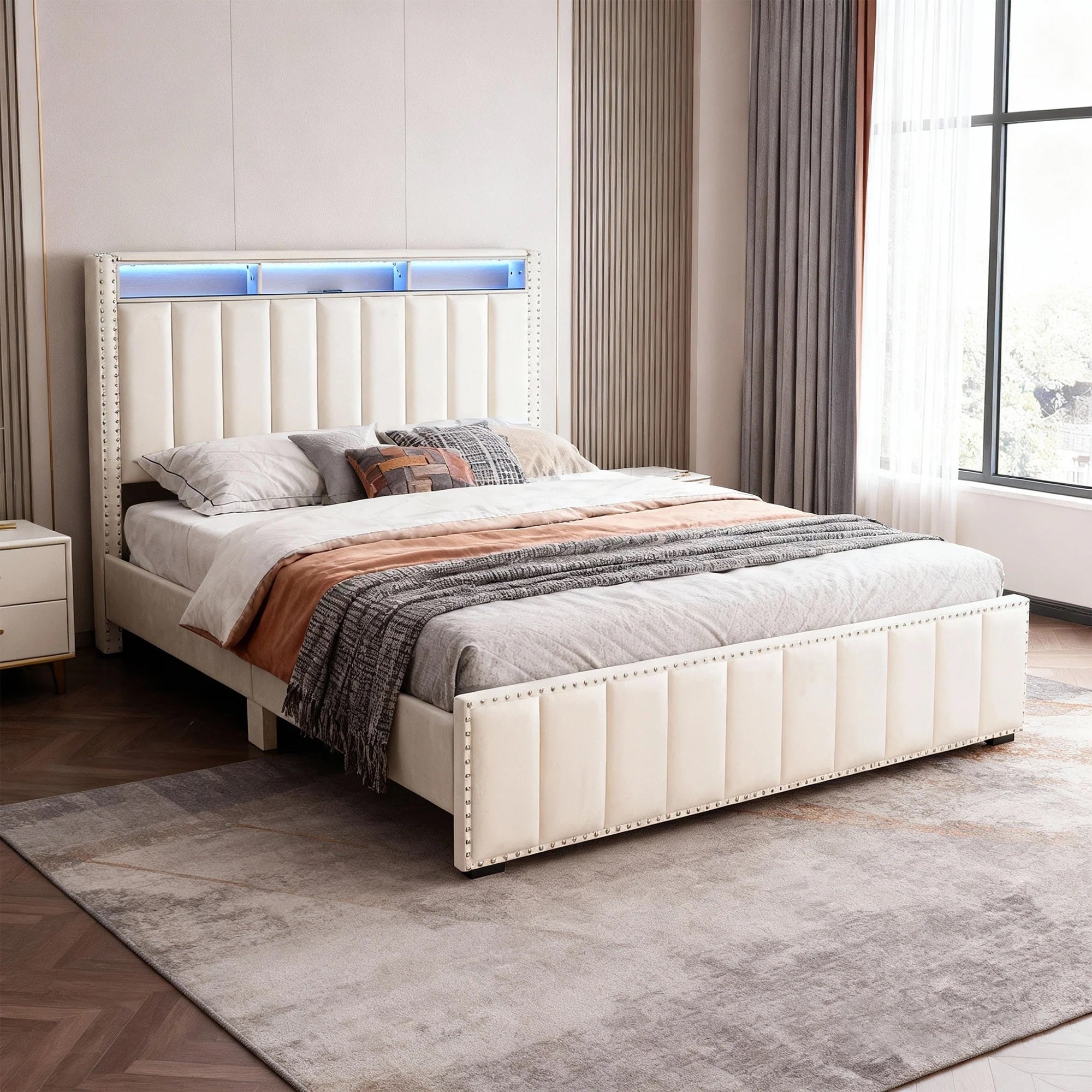 Full Size Bed 2x Nightstands Bedroom Furniture Contemporary Beige Fabric Upholstered Bedframe w LED Nailhead Trim 3pc Bedroom Set
