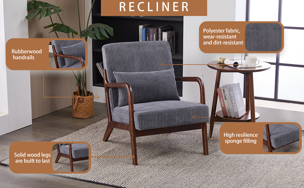 Mid-Century Modern Accent Chair with Pillow Upholstered in Antique Dark Grey Polyester and Solid Wood Frame(Antique Dark Grey)