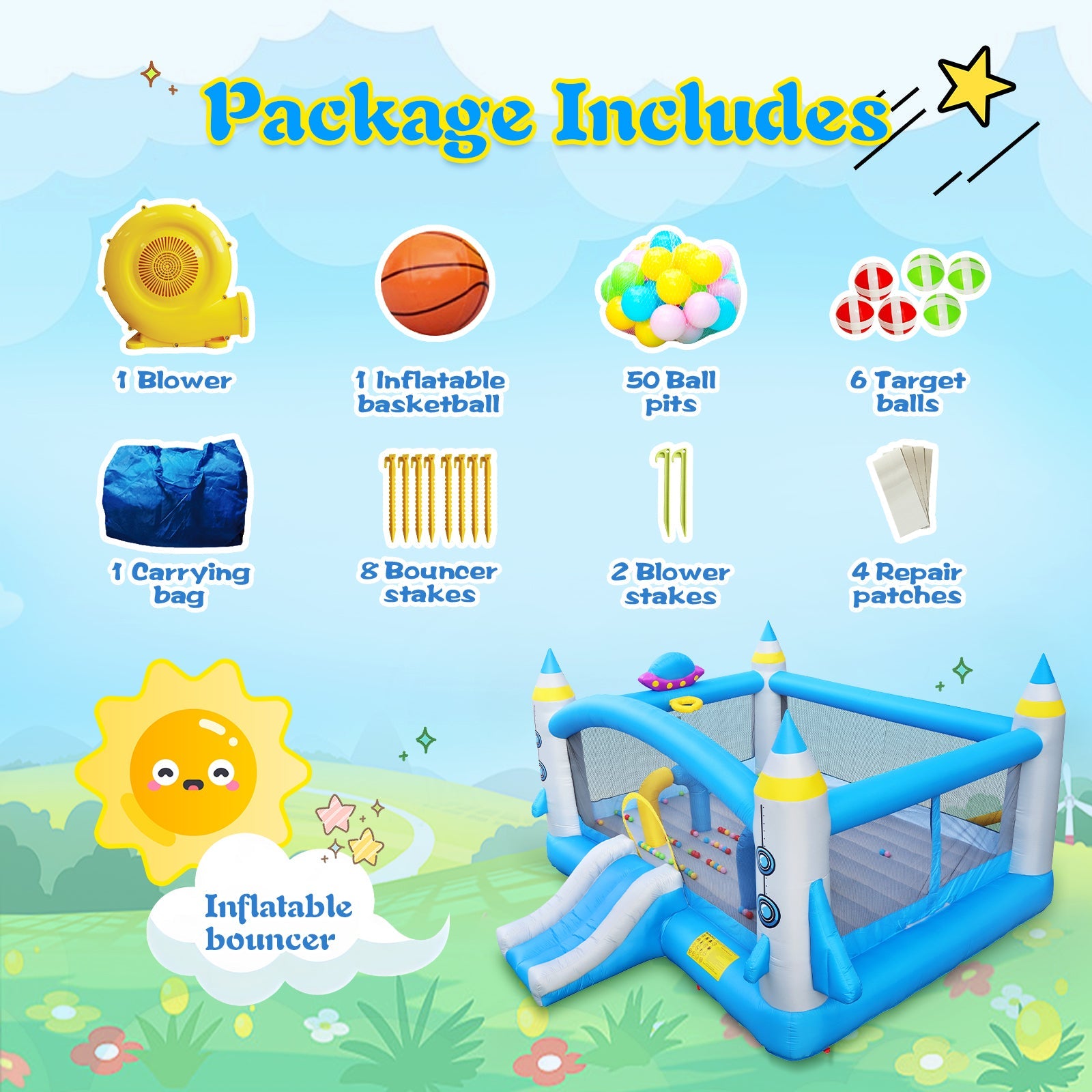 Multifunctional Jump 'n Slide Inflatable Bouncer for Kids Complete Setup with Blower - 198' x 180' Play Area - 96' Tall