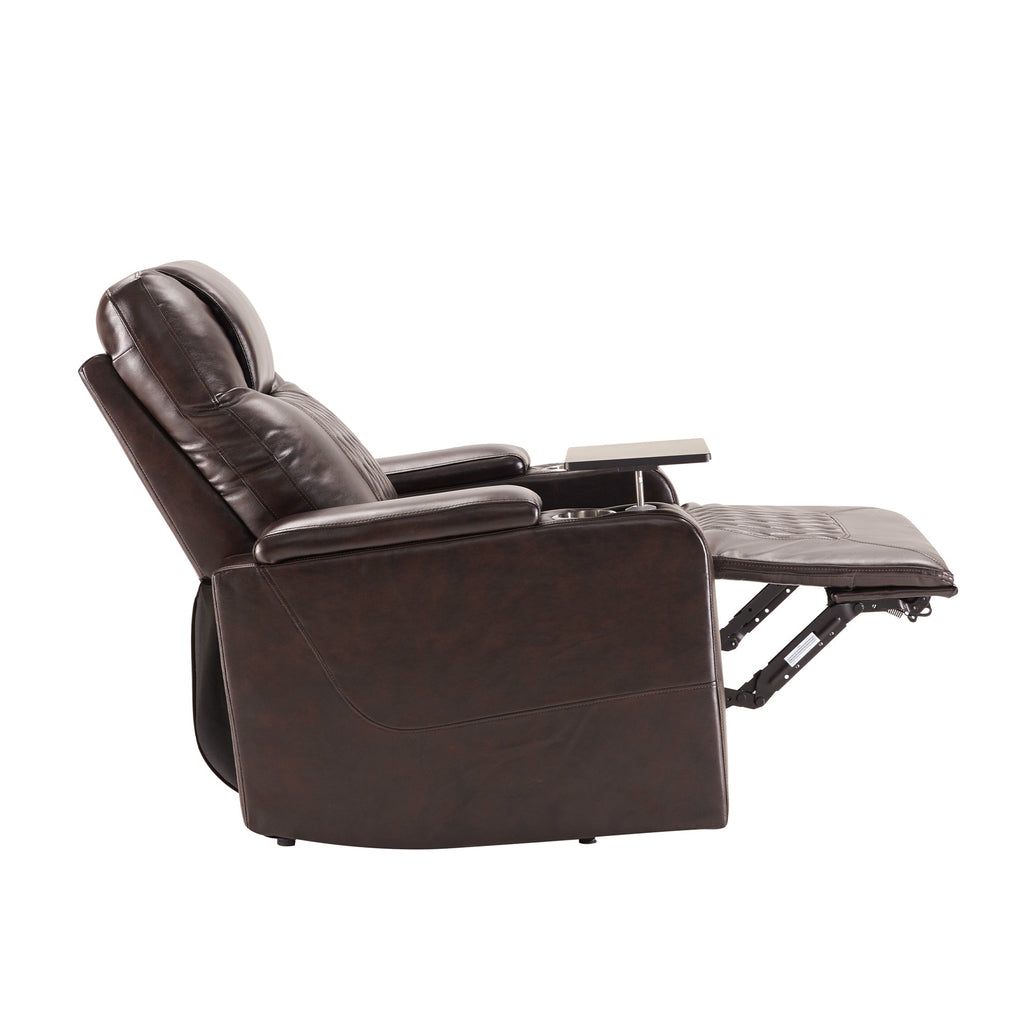 Power Motion Recliner with USB Charging Port, Hidden Arm Storage, 2 Cup Holders, 360° Swivel Tray Table, Brown PU Leather