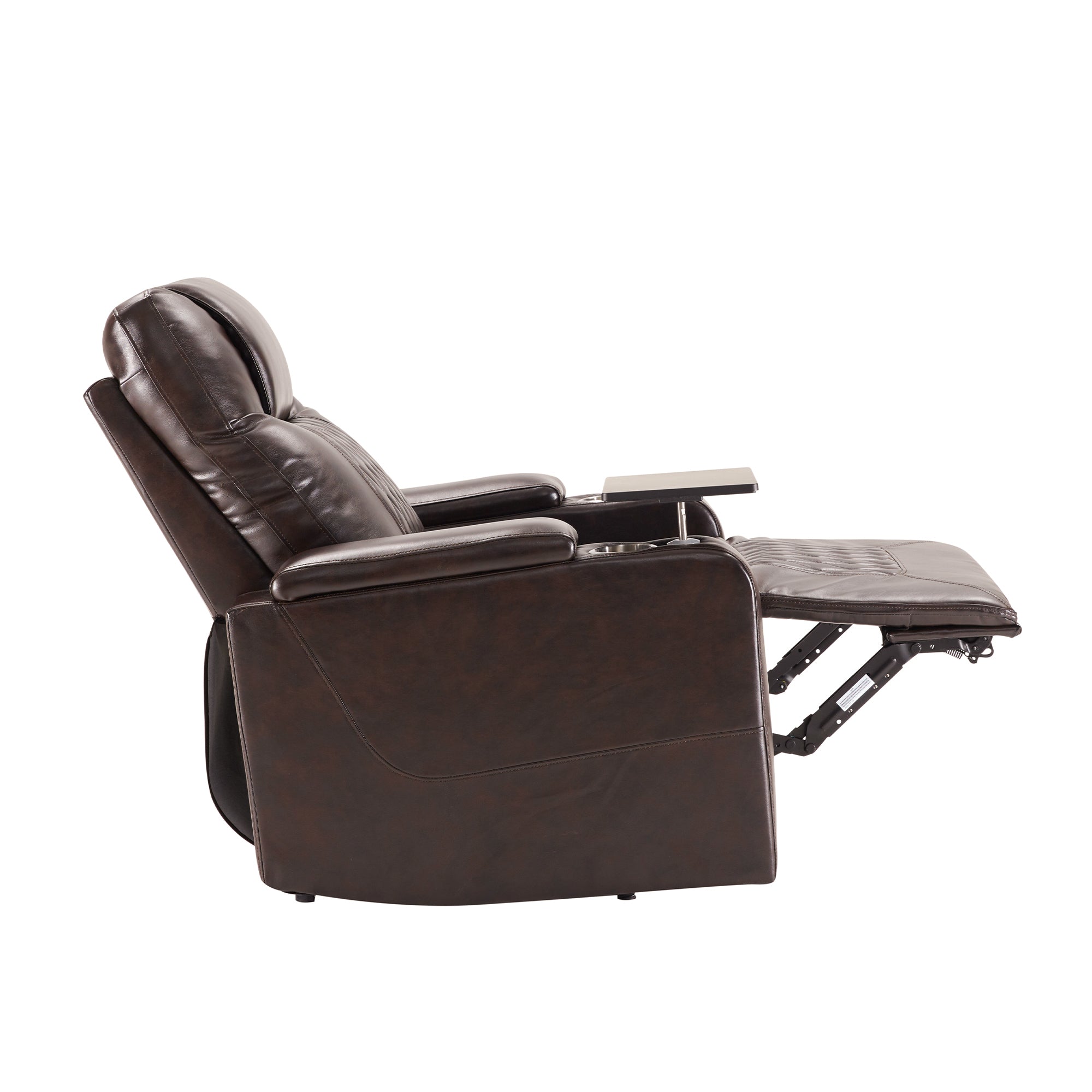 Power Motion Recliner with USB Charging Port, Hidden Arm Storage, 2 Cup Holders, 360° Swivel Tray Table, Brown PU Leather