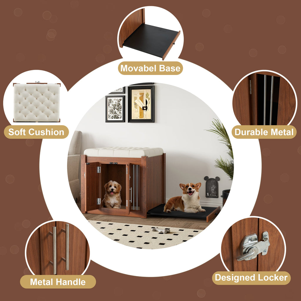 30.25'L, 2 in 1 Dog Crate with Padded Seat, Sliding Barn Door, Luxury Wooden Dog Kennel, End of Bed Bench Ottoman with Removable Cushion for Bedroom, Living Room, Walnut