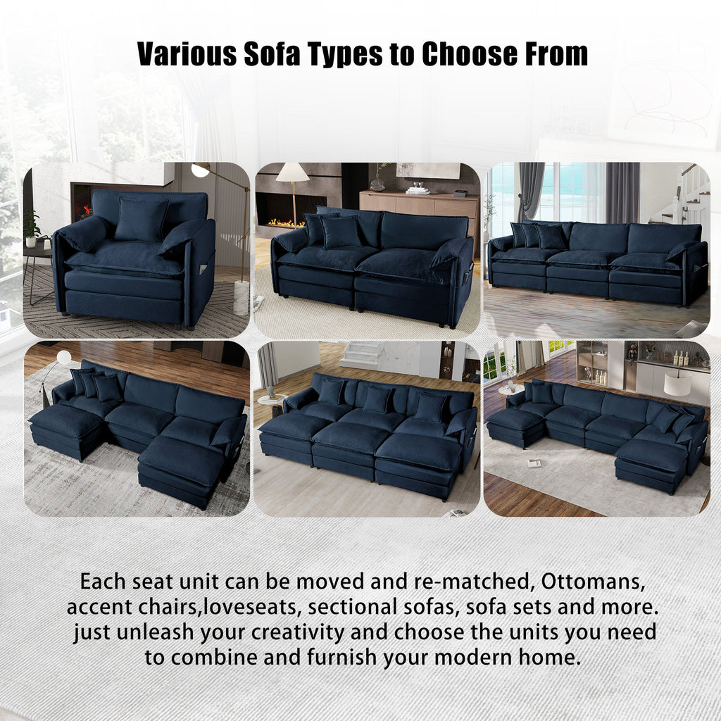 Modular Sectional Sofa, Oversized Deep Seat U Shaped Couch Set for Living Room, 3-Seater Comfy Cloud Couches with 2 Movable Ottomans, DIY Combination, Chenille,Blue