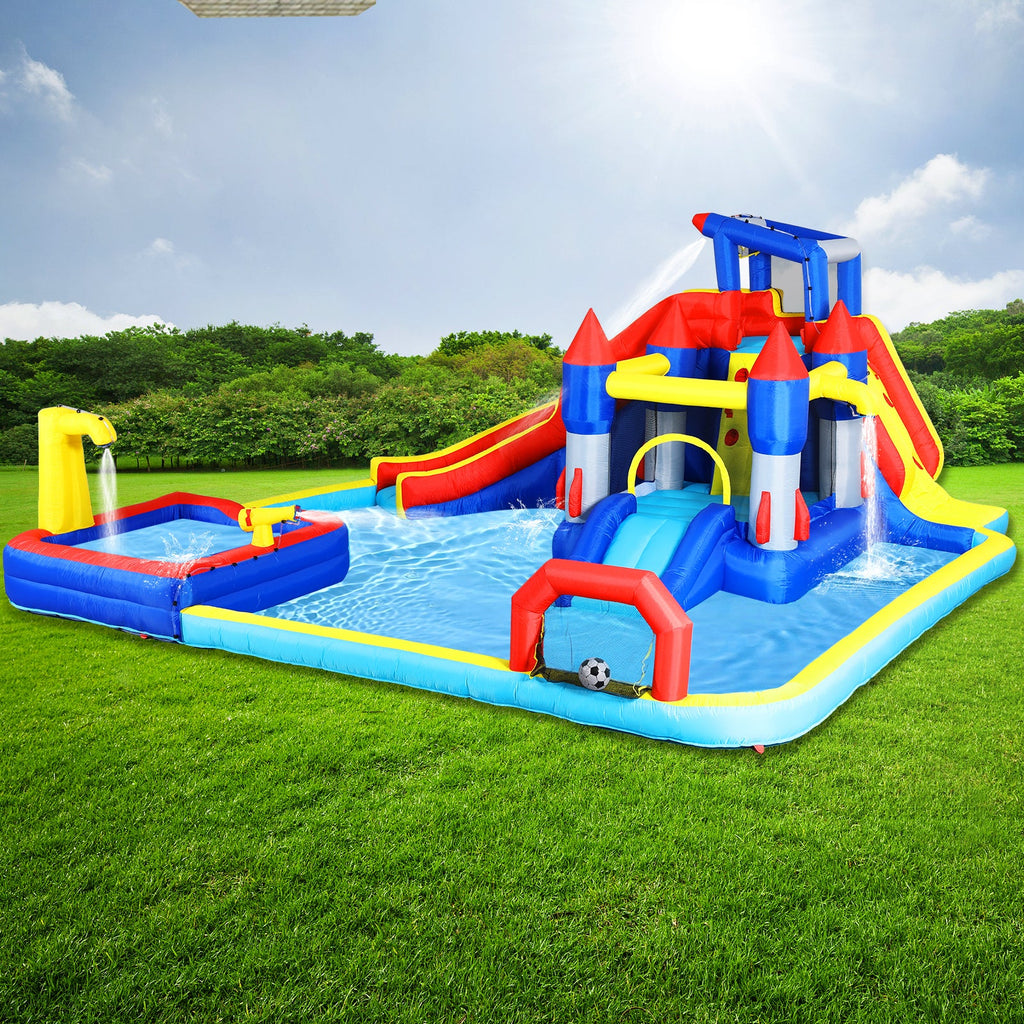 Inflatable 10 in1 slide water park  bouncing house garden with splash pool & water gun & basketball & climbing wall & dual pools & soccer