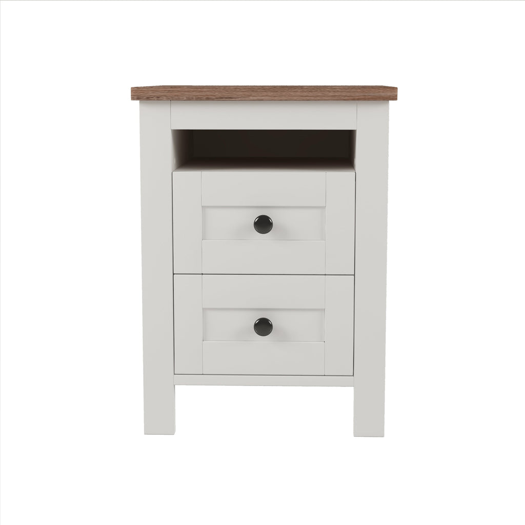 3-Pieces Bedroom Sets Full Size Farmhouse Platform Bed with Double Sliding Door Storage Headboard and Charging Station, Storage Nightstand and Dresser, White+Brown(Old SKU HL000091AAK)