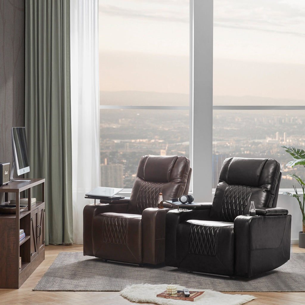 Power Motion Recliner with USB Charging Port, Hidden Arm Storage, 2 Cup Holders, 360° Swivel Tray Table, Brown PU Leather
