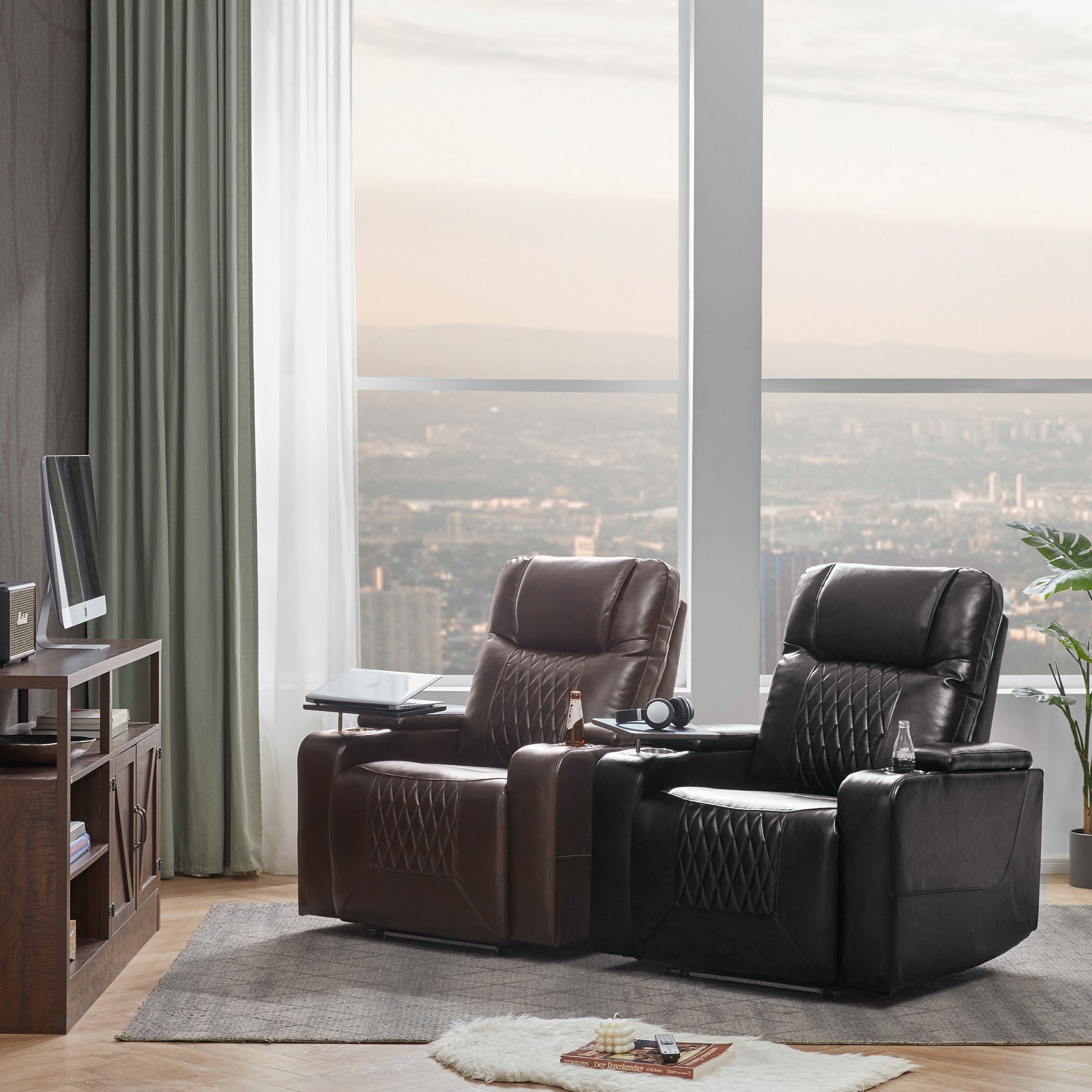 Power Motion Recliner with USB Charging Port, Hidden Arm Storage, 2 Cup Holders, 360° Swivel Tray Table, Brown PU Leather