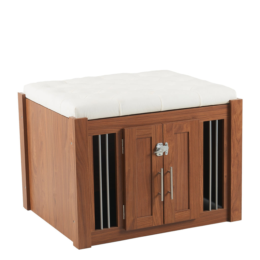 30.25'L, 2 in 1 Dog Crate with Padded Seat, Sliding Barn Door, Luxury Wooden Dog Kennel, End of Bed Bench Ottoman with Removable Cushion for Bedroom, Living Room, Walnut