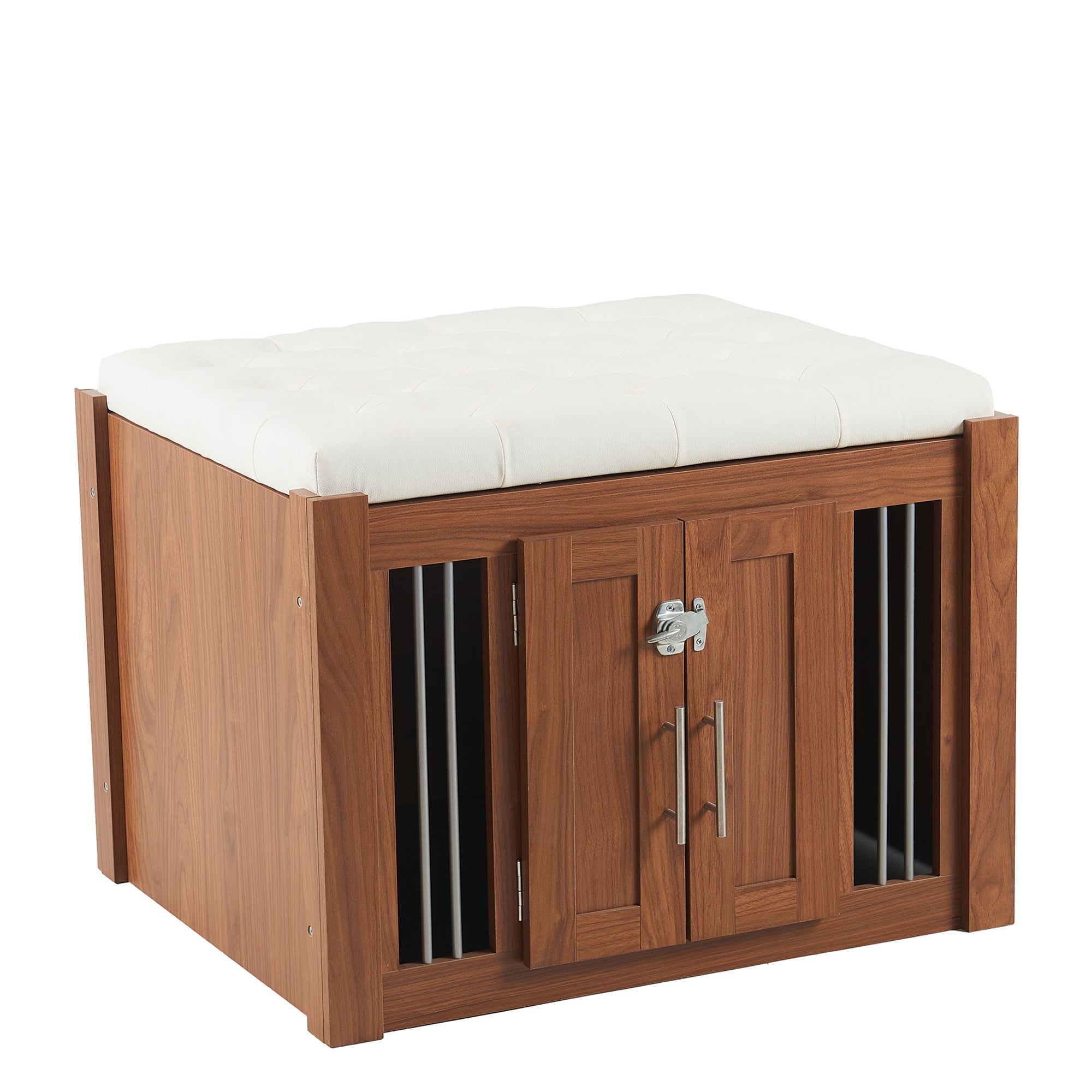 30.25'L, 2 in 1 Dog Crate with Padded Seat, Sliding Barn Door, Luxury Wooden Dog Kennel, End of Bed Bench Ottoman with Removable Cushion for Bedroom, Living Room, Walnut