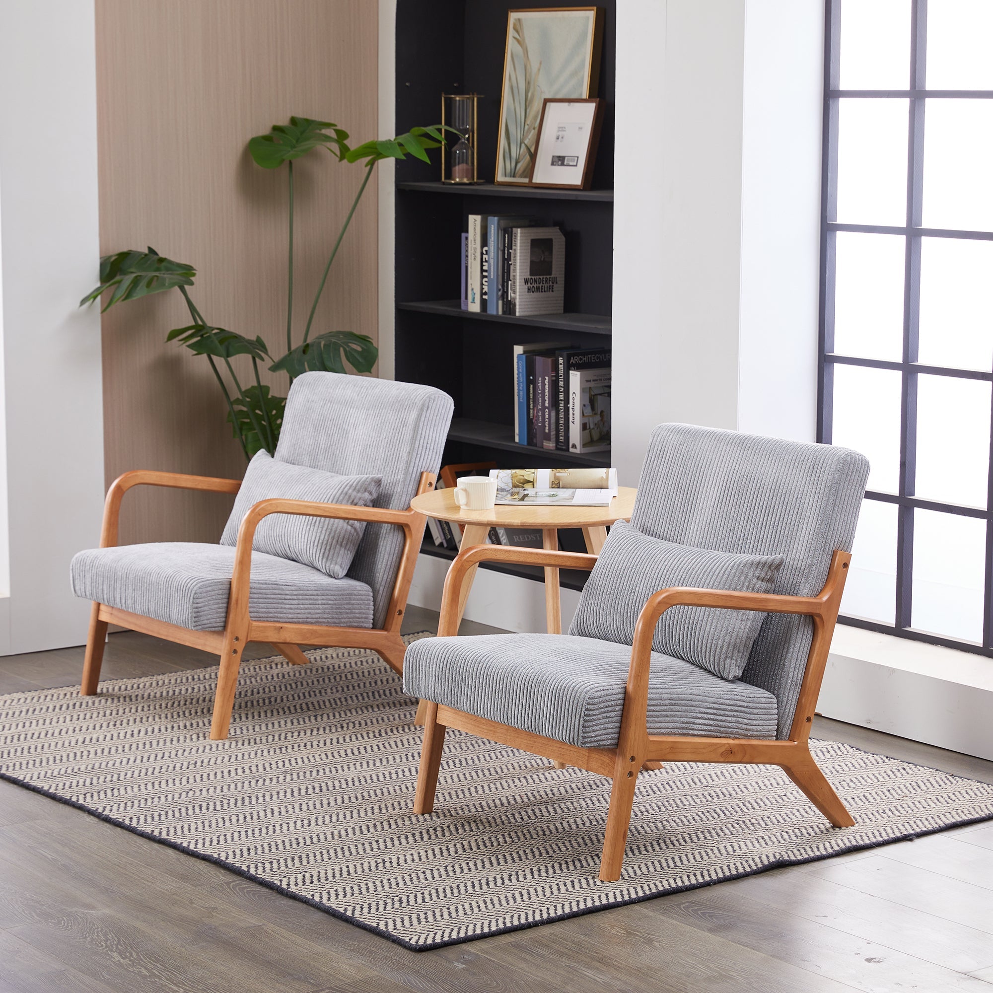Mid-Century Modern Accent Chair with Pillow, Upholstered Arm Chair in Antique Dark Grey, Solid Wood Frame(Antique Dark Grey)