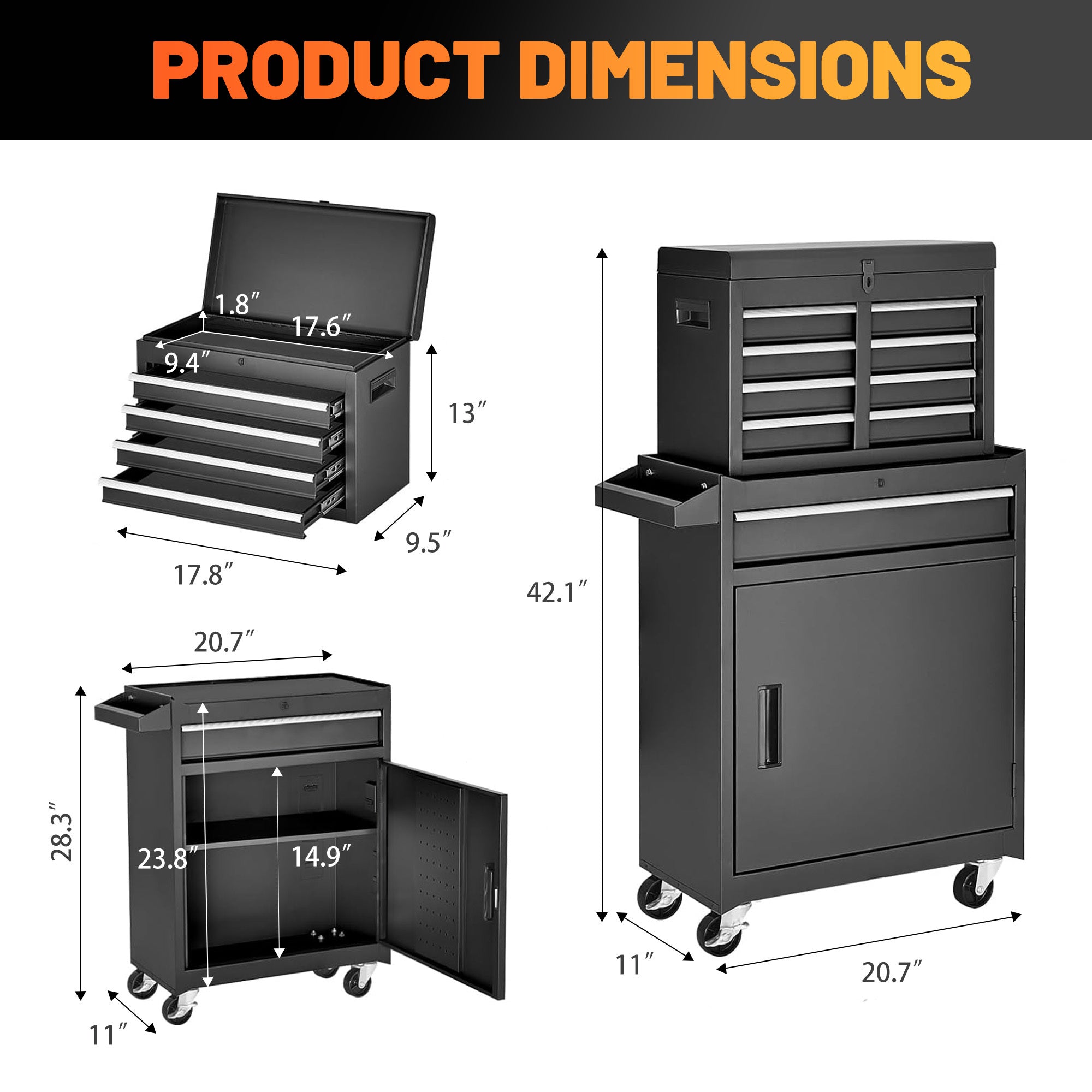 Tool Chest, 5-Drawer Rolling Tool Storage Cabinet with Detachable Top Tool Box, Liner, Universal Lockable Wheels, Adjustable Shelf, Locking Mechanism, Metal Tool Cart for Garage Workshop