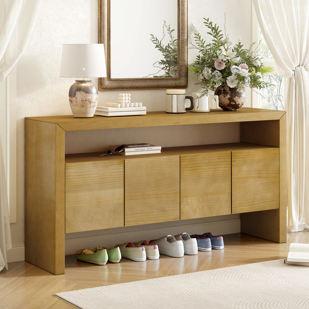 U_Style 60' 4-Door Sideboard, Modern Minimalist Solid Wood Veneer Sideboard with Open Shelf, Natural Wood Grain, Large Capacity Storage Console for Living Room, Hallway, Dining (Black/Natural)