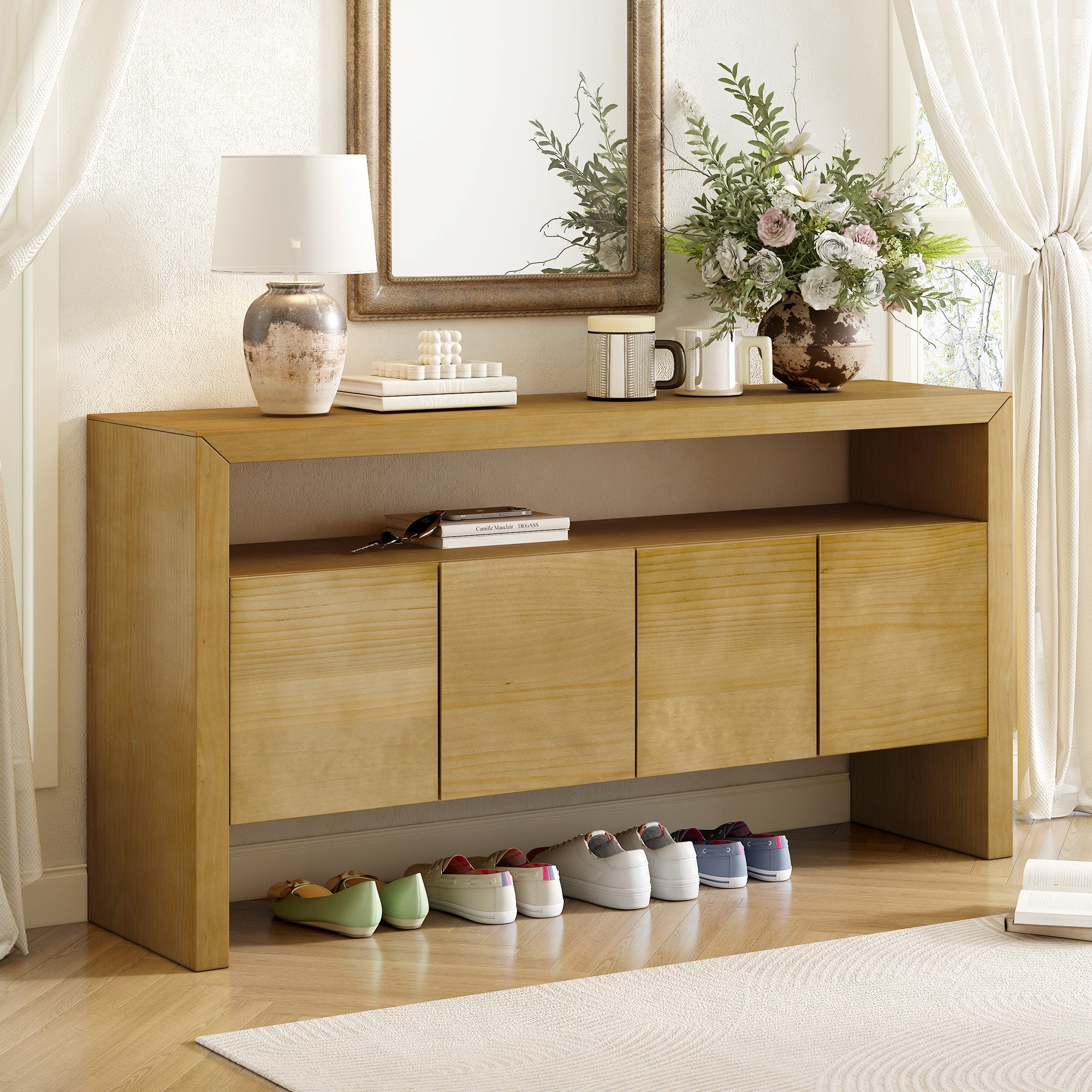 U_Style 60' 4-Door Sideboard, Modern Minimalist Solid Wood Veneer Sideboard with Open Shelf, Natural Wood Grain, Large Capacity Storage Console for Living Room, Hallway, Dining (Black/Natural)