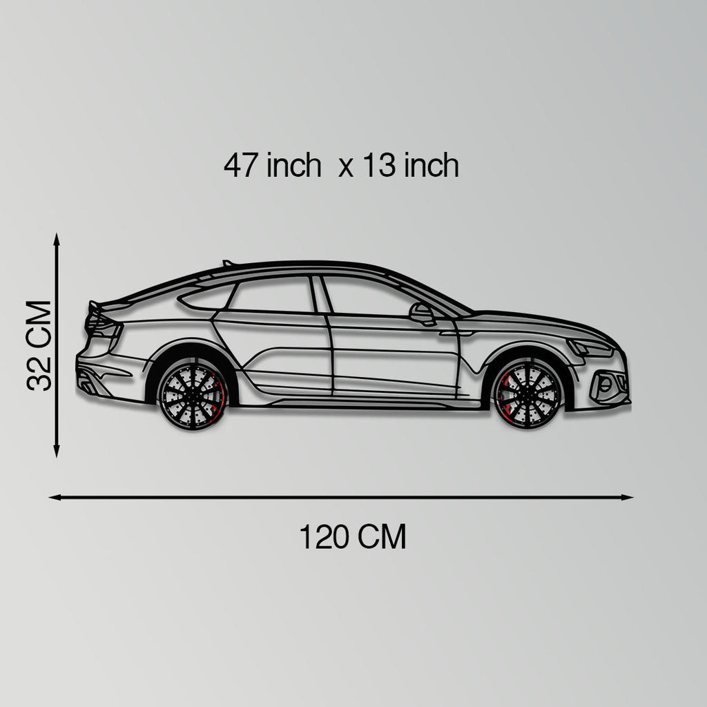 Audi RS5 Metal Car Wall Art with Rotating Wheels - Performance Sportback Silhouette Decor - Interactive Automotive Wall Art - KAFMEKA097