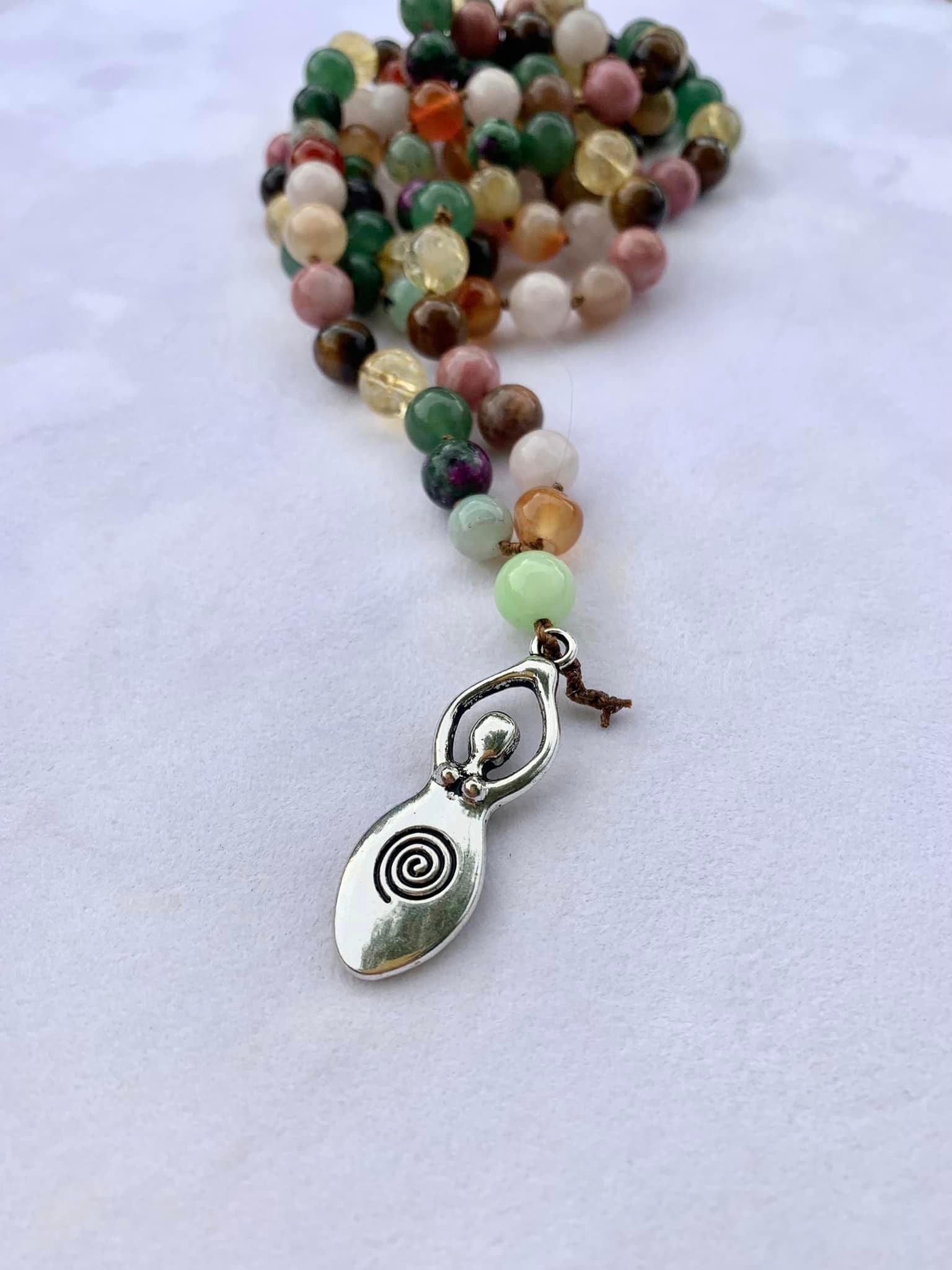 Aphrodite Mala - Fertility - Chrysoprase, Carnelian, Rose Quartz, Moonstone, Rhodonite, Tiger Eye, Citrine, Green Aventurine, Ruby Zoisite