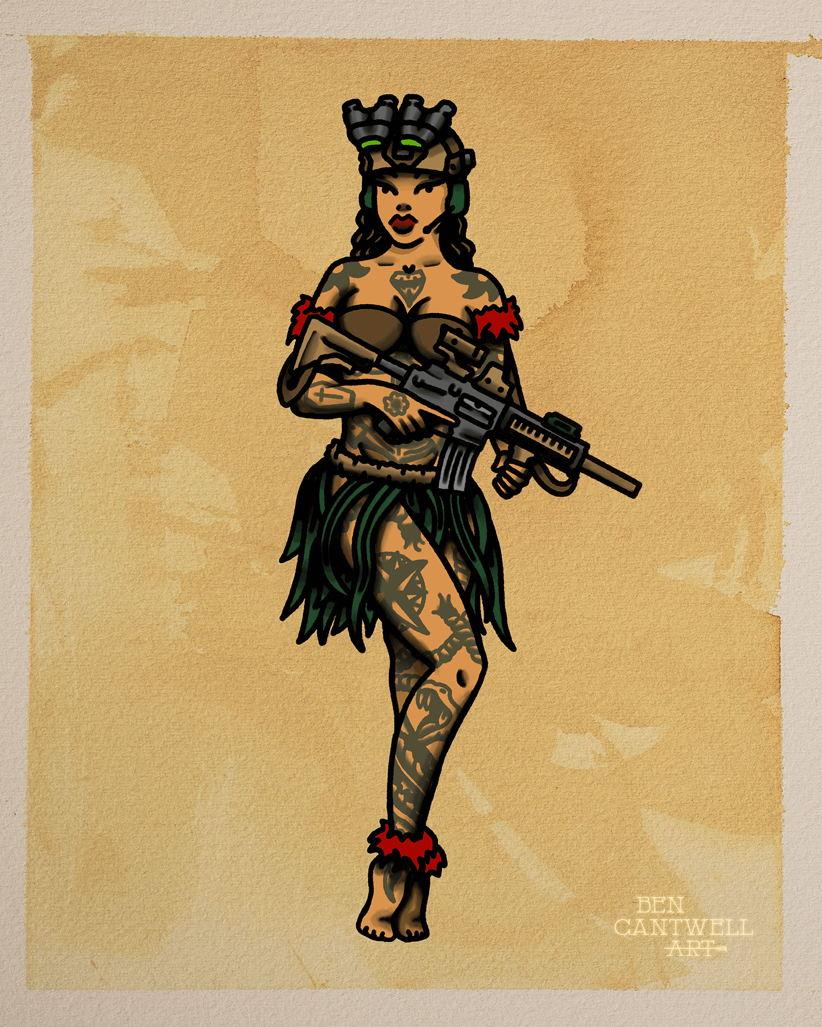 Hawaiian PIN Up With Rifle and NVGs