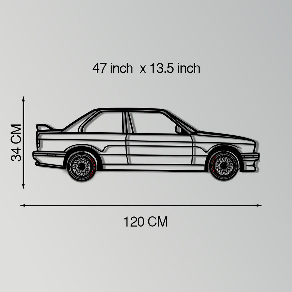 BMW E30 M3 Metal Car Wall Art with Rotating Wheels - Classic M Power Silhouette Decor - Interactive Automotive Wall Art - KAFMEKA100