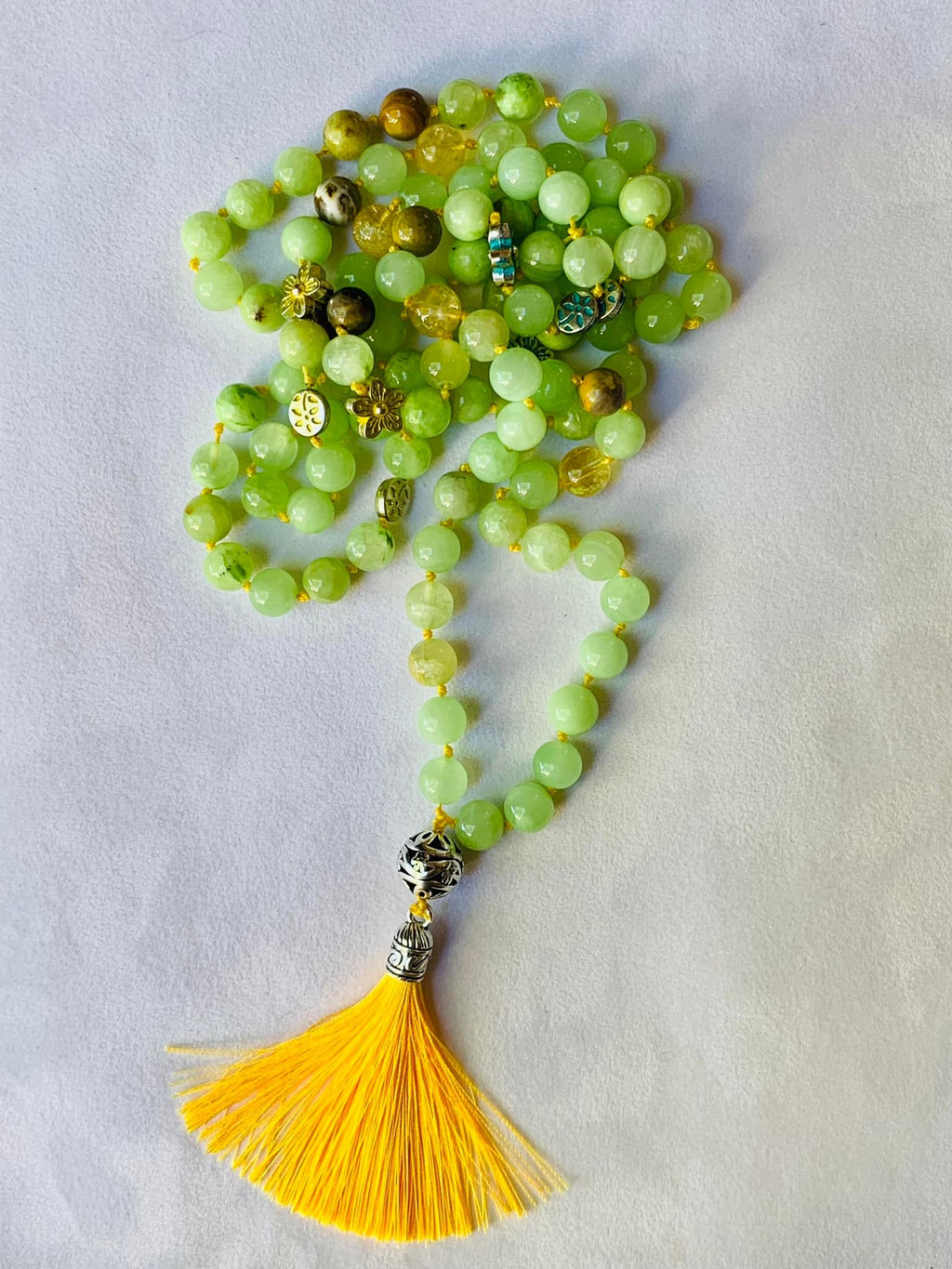Brigid Mala - Creativity - Green Calcite, Accents of Citrine, Bumblebee Jasper, Metal Flowers
