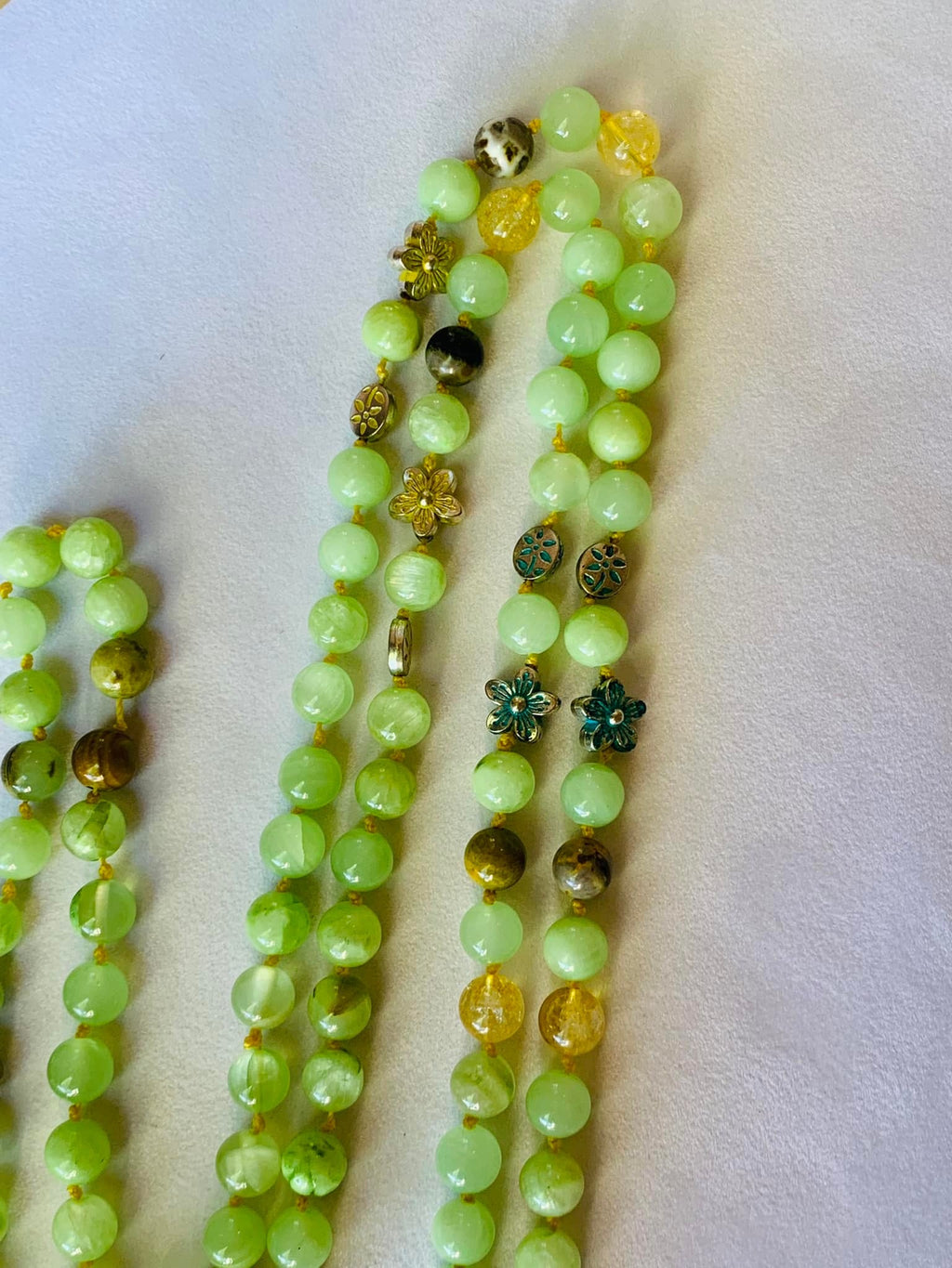 Brigid Mala - Creativity - Green Calcite, Accents of Citrine, Bumblebee Jasper, Metal Flowers