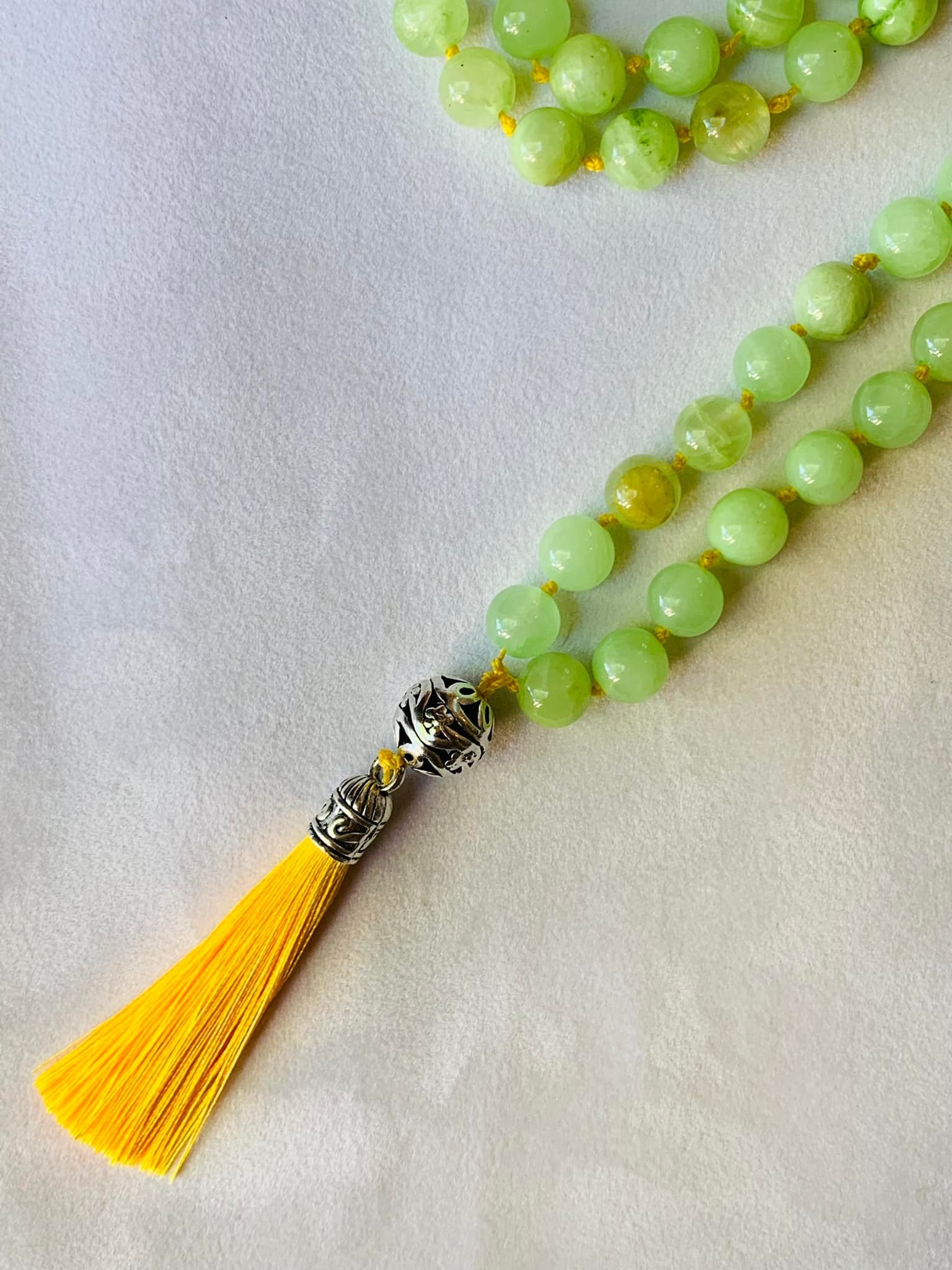 Brigid Mala - Creativity - Green Calcite, Accents of Citrine, Bumblebee Jasper, Metal Flowers