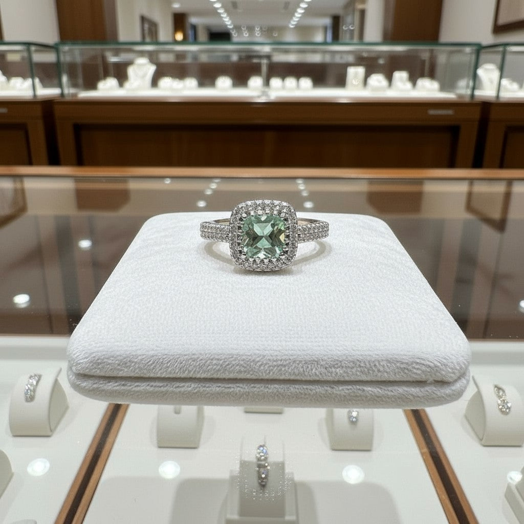 "Comforting Light" Cushion Cut w/ Cubic Zirconia Halo Cremation Ring  6.4x6.4mm