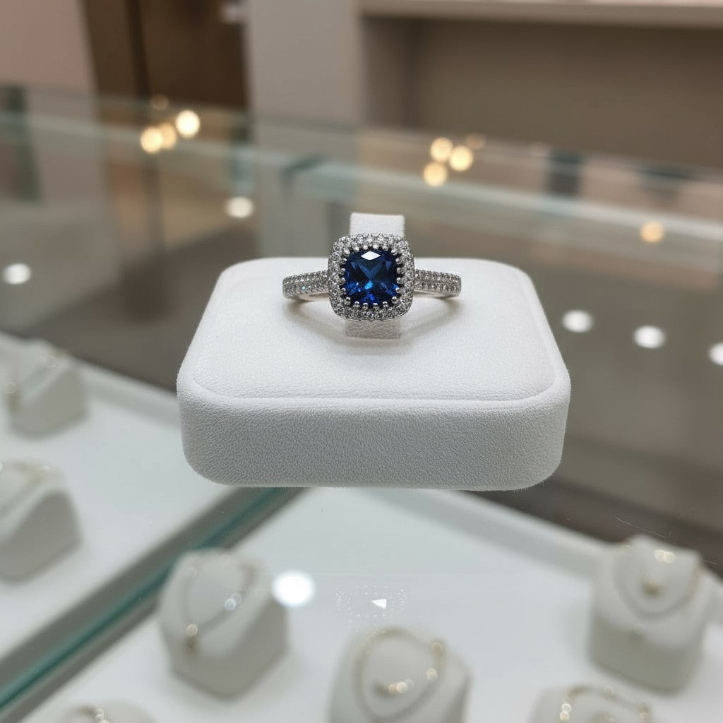 "Comforting Light" Cushion Cut w/ Cubic Zirconia Halo Cremation Ring  6.4x6.4mm