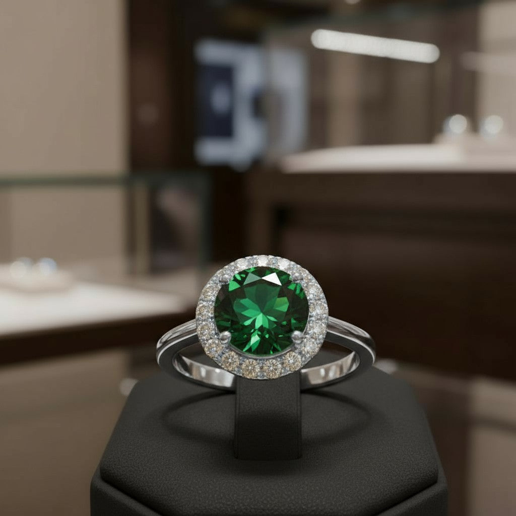 "Circle of Life" Round Portuguese Cut Cremation Ring with Halo 7mm