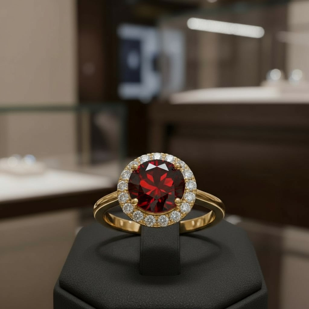 "Circle of Life" Round Portuguese Cut Cremation Ring with Halo 7mm