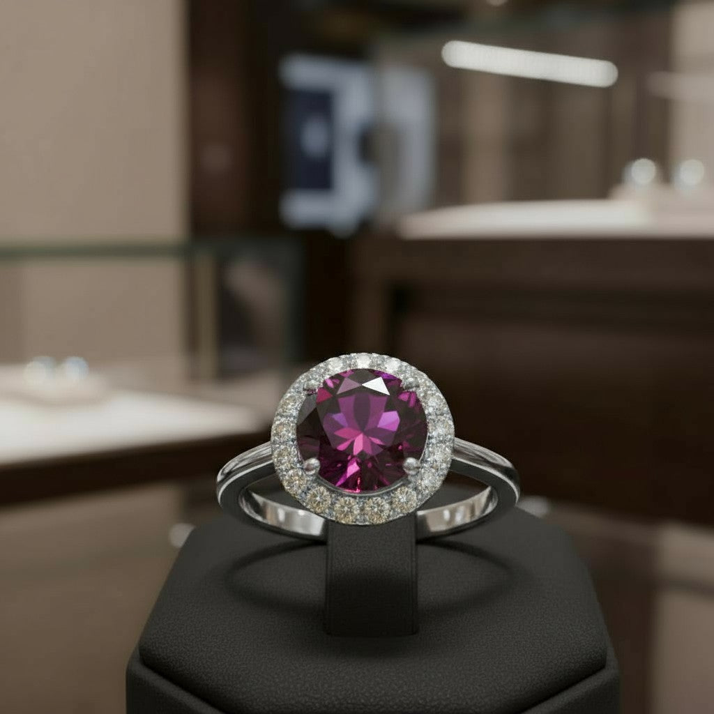 "Circle of Life" Round Portuguese Cut Cremation Ring with Halo 7mm