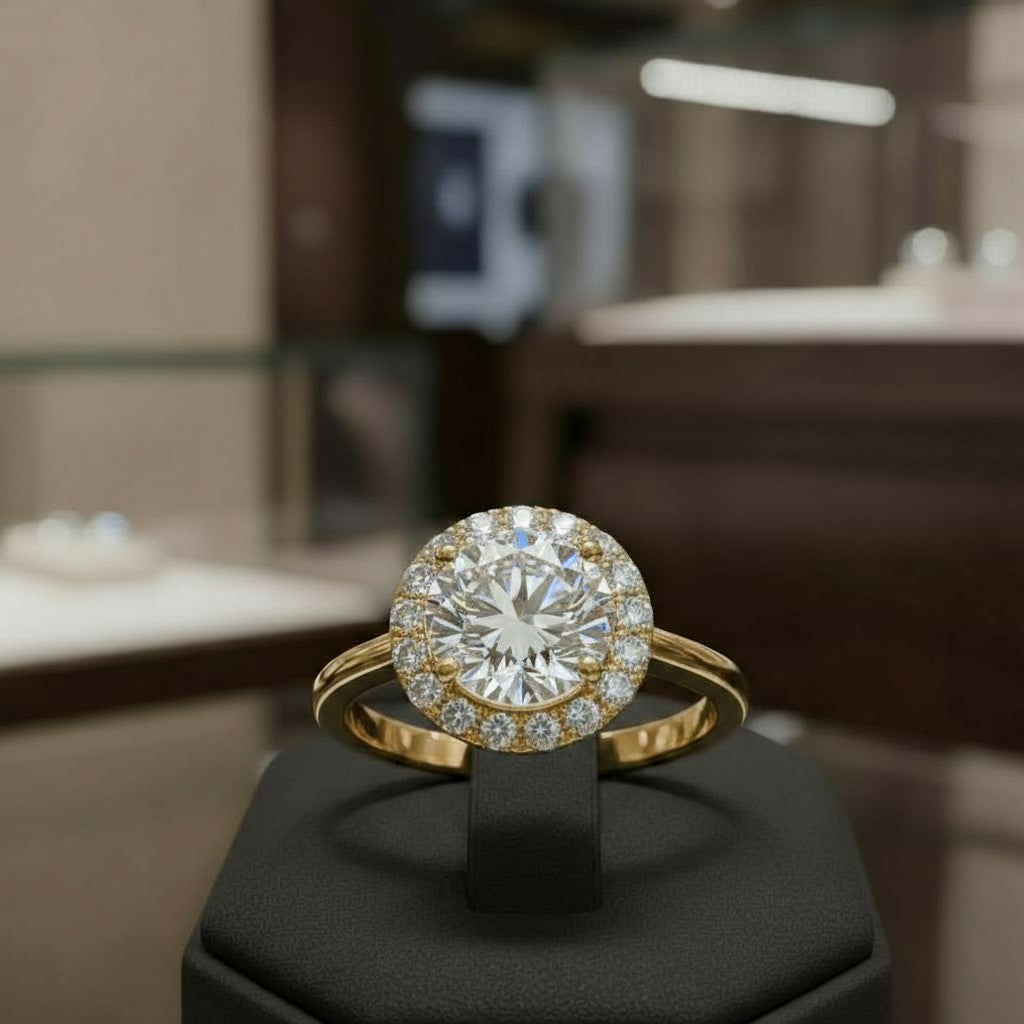 "Circle of Life" Round Portuguese Cut Cremation Ring with Halo 7mm