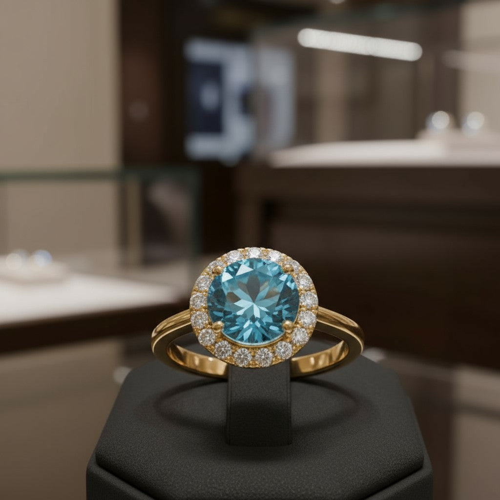 "Circle of Life" Round Portuguese Cut Cremation Ring with Halo 7mm