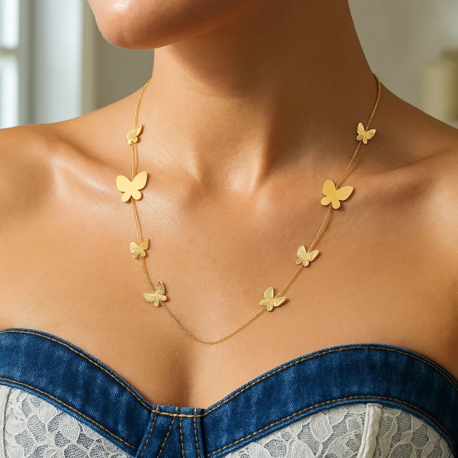 14k Yellow Gold Papillon Graduated Butterfly Necklace