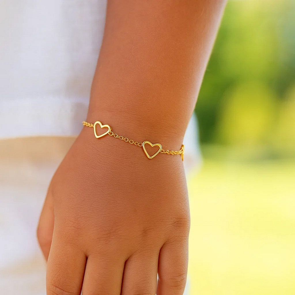 14k Yellow Gold Childrens Bracelet with Hearts