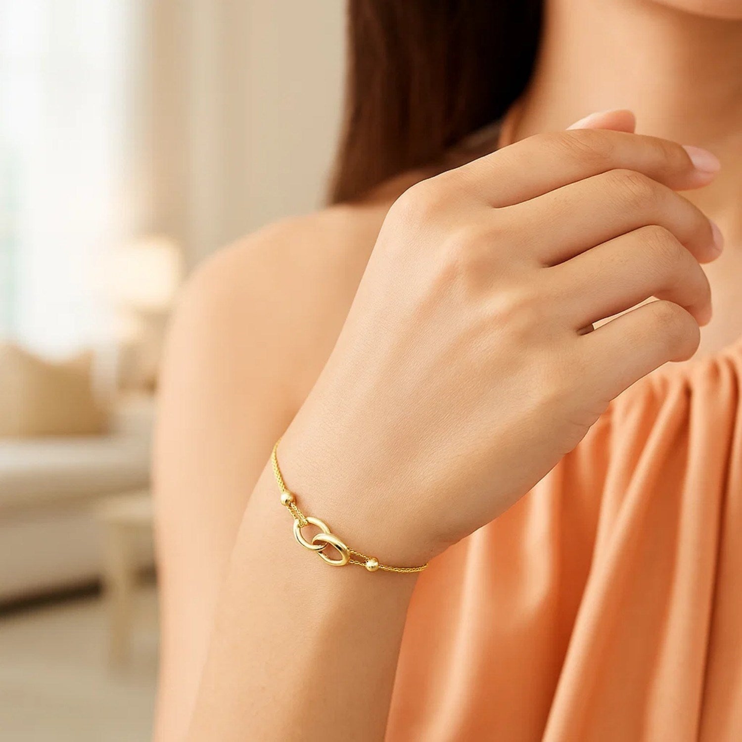 14k Yellow Gold Entwined Rings Adjustable Lariat Style Bracelet