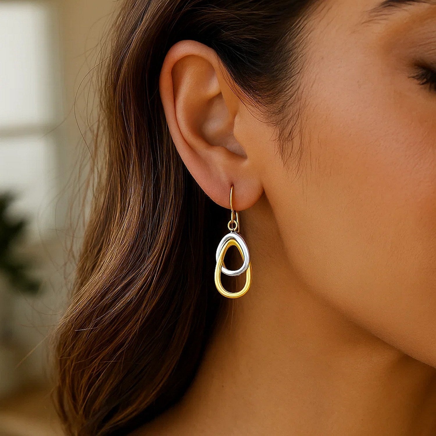 14k Two-Tone Gold Interlaced Open Teardrop Drop Earrings