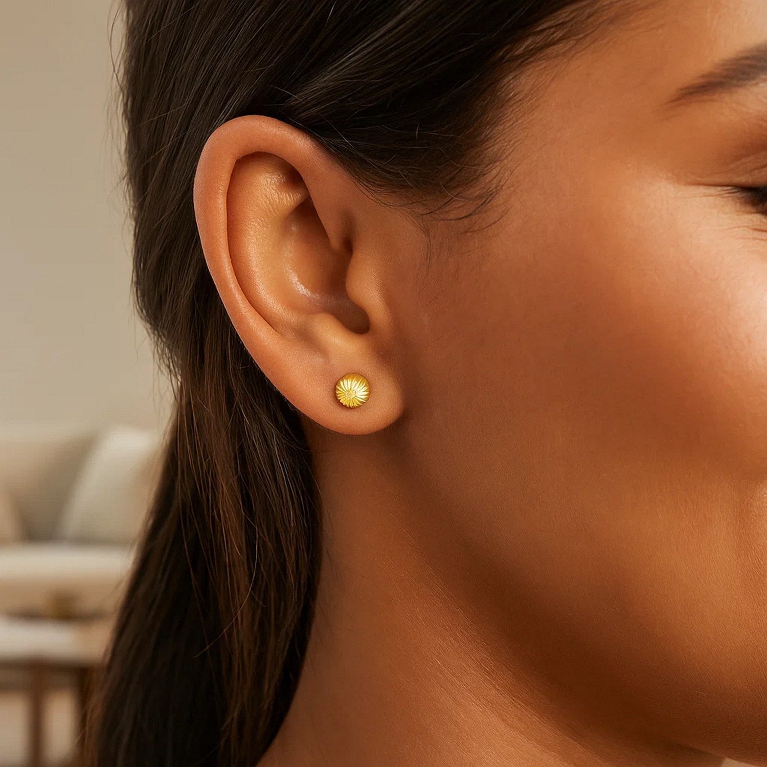 14K Yellow Gold Ball Earrings with Linear Texture(5mm)