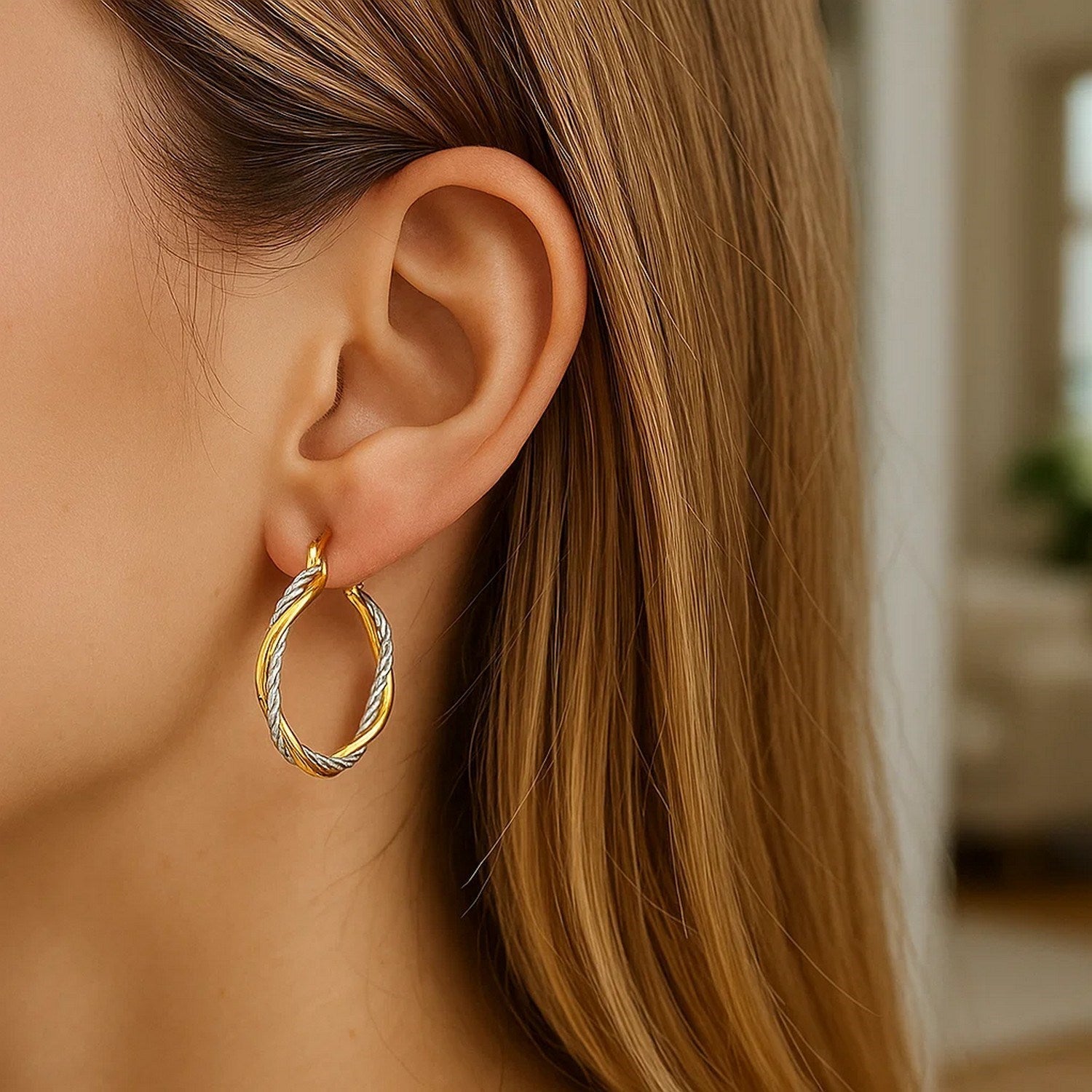 14k Yellow and White Gold Two Part Textured Twisted Round Hoop Earrings(3x23mm)